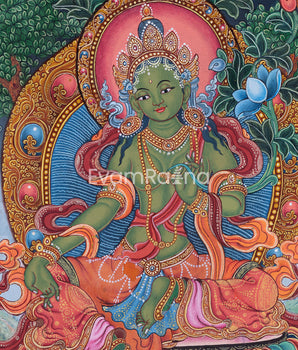 Green Tara Goddess Digital Newari Print | The Mother Tara Art For Mindfulness & Meditation