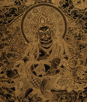 Gold on Black Five Dzambhalas Thangka | Hand-Painted Tibetan Wealth Deities