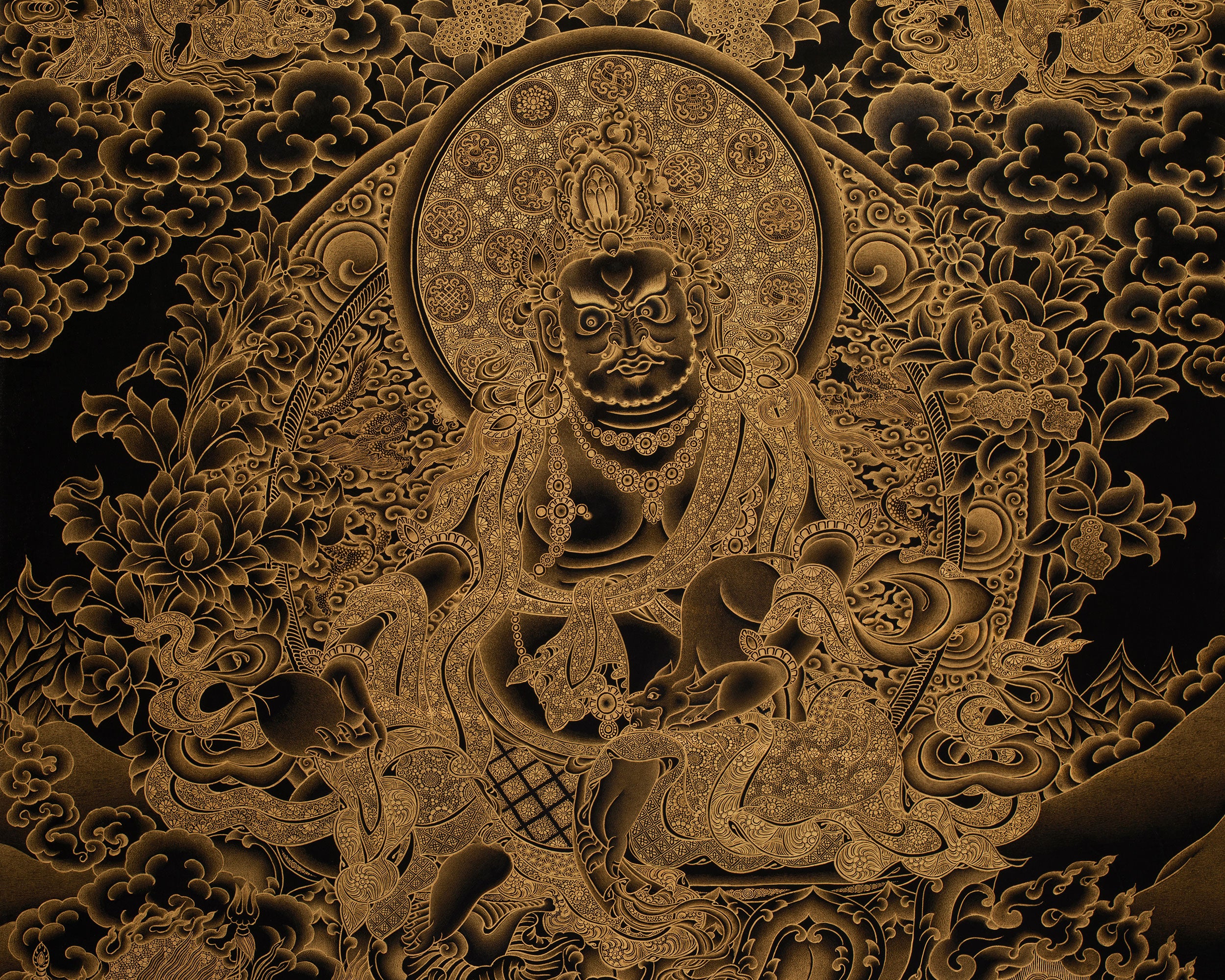 Gold on Black Five Dzambhalas Thangka | Hand-Painted Tibetan Wealth Deities