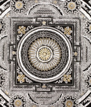 Silver with Gold Mantra Mandala | Four Mythical Creatures | Mandala Painting