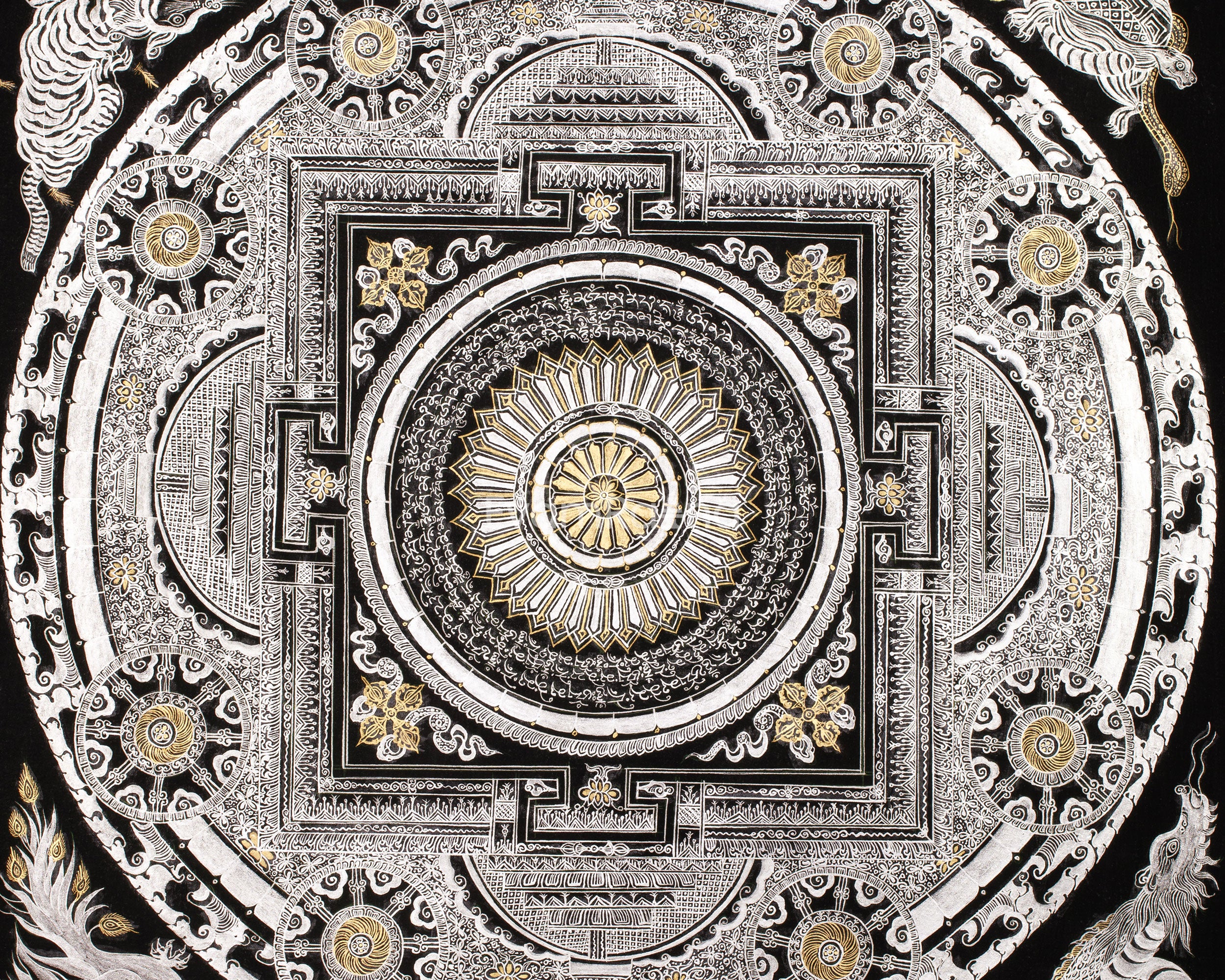Silver with Gold Mantra Mandala | Four Mythical Creatures | Mandala Painting