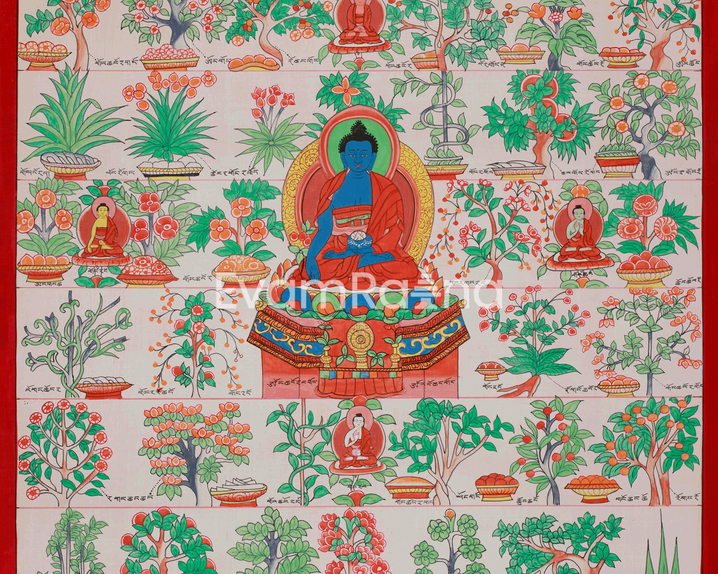 Medicine Buddha Healing Plants Thangka | Botanical Thangka