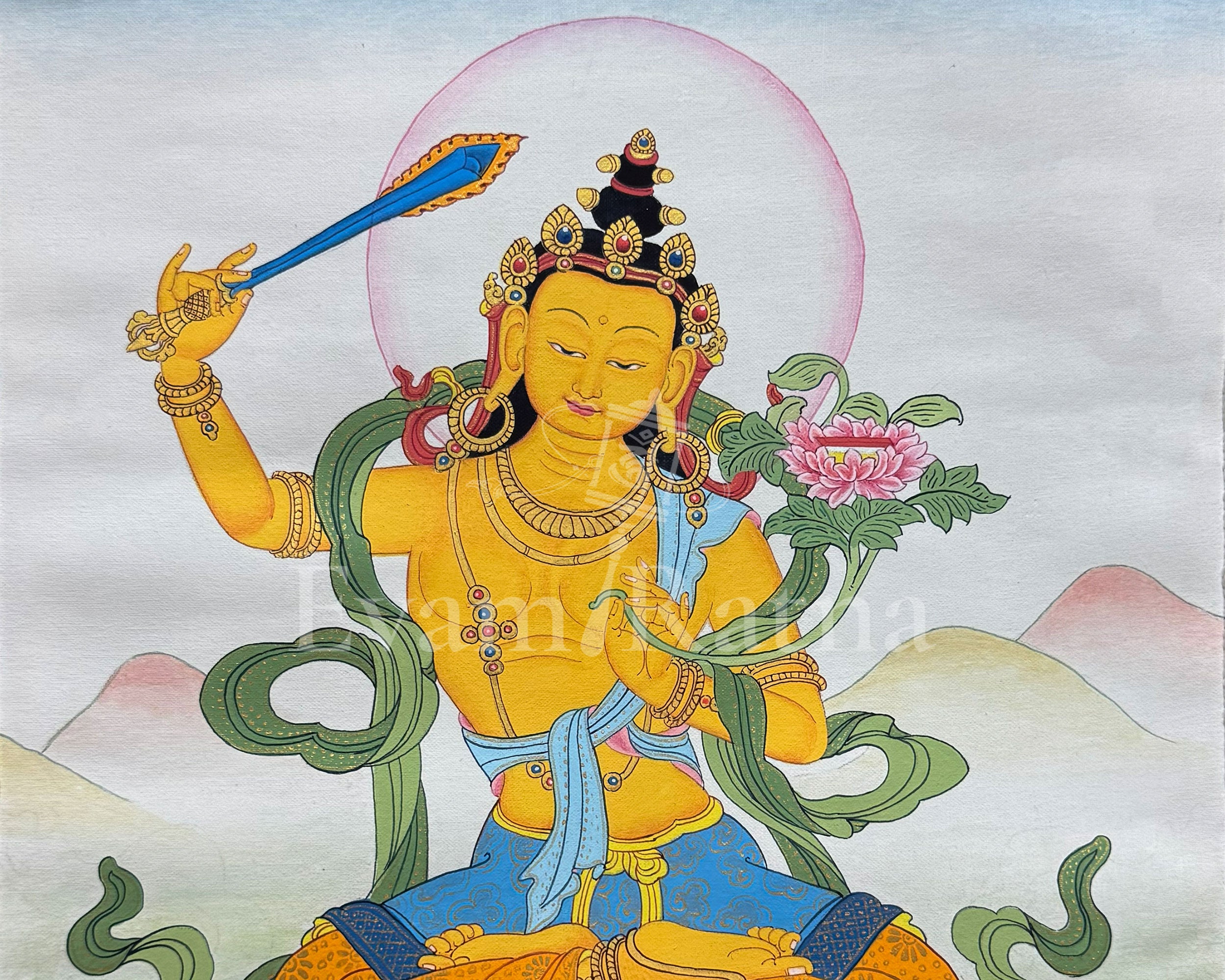 Manjushri Thangka With Brocade | Enlightened Protector of Knowledge