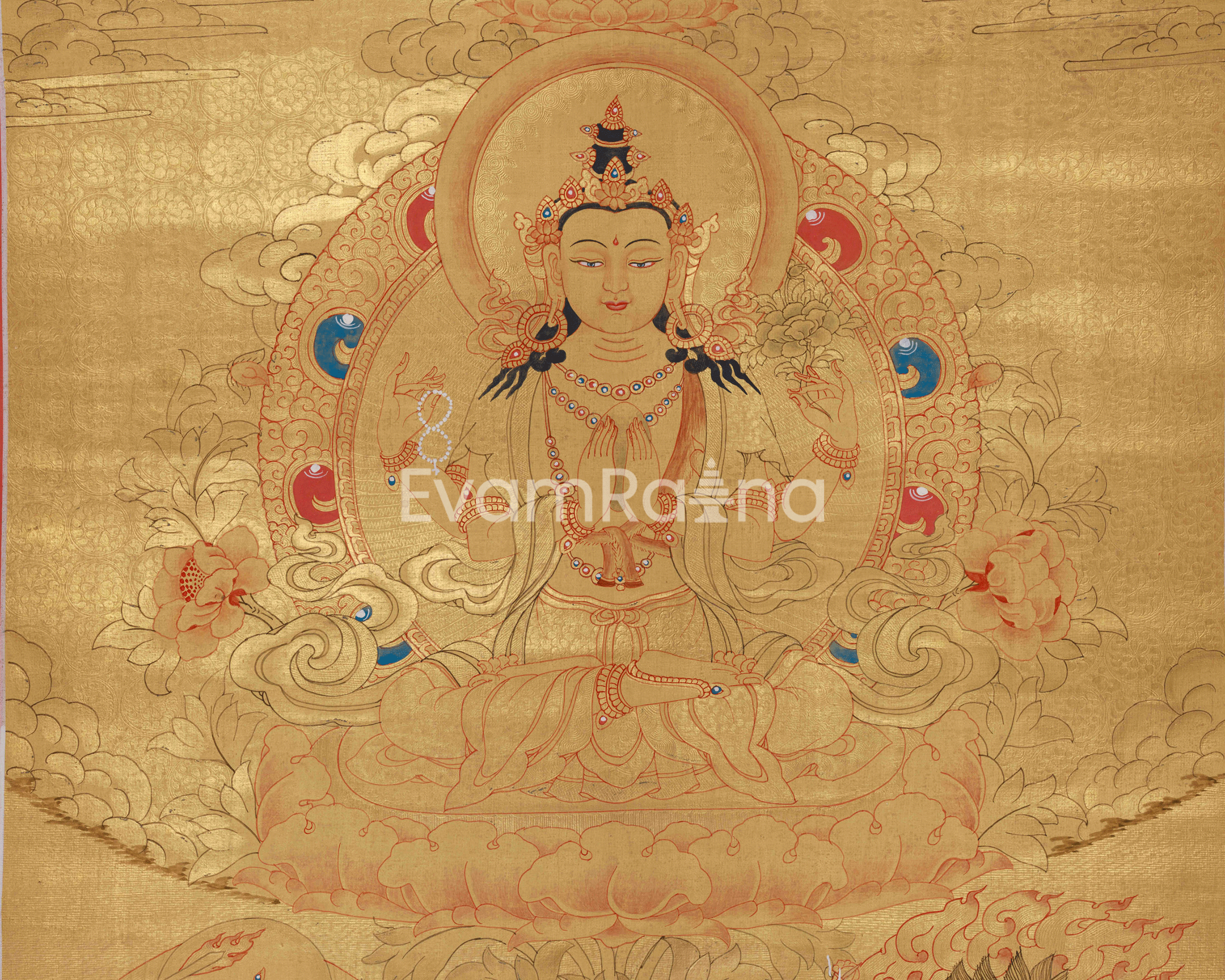 Traditional Thangka Of Four-Armed Chenrezig | With Buddha and Other Bodhisattvas