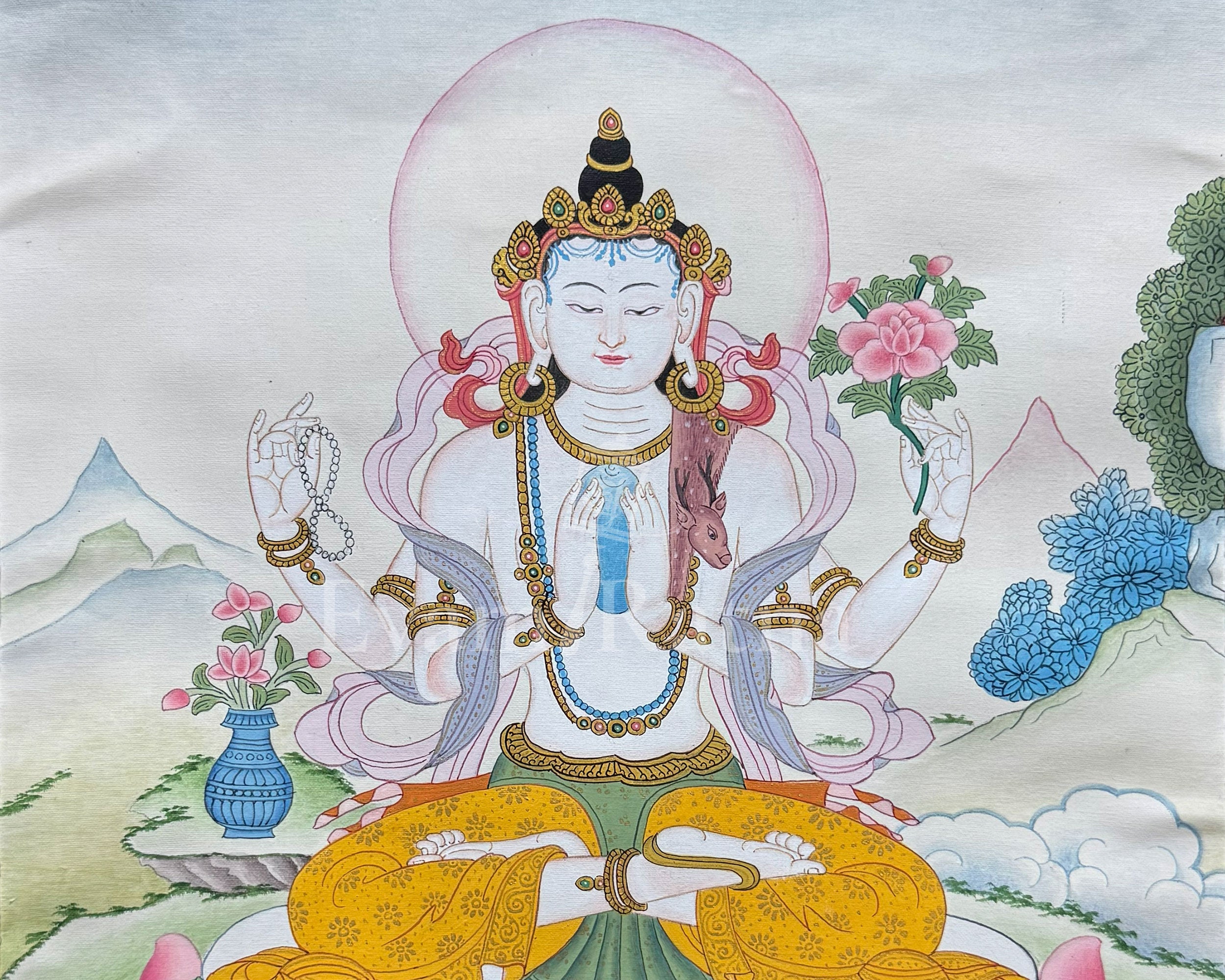 Chenrezig Thangka With Brocade | Embodiment of Universal Love