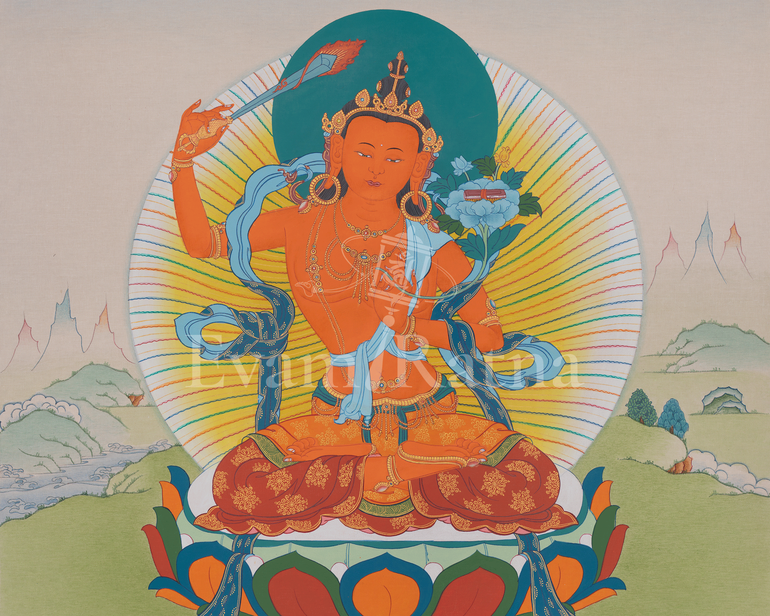 Manjushri Wisdom Deity Artwork | Tibetan Thangka of Enlightened Knowledge
