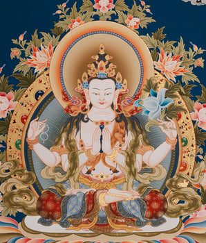 Compassionate Buddha Chenrezig (Avalokiteshvara) Thangka | Deity of Mercy, Wisdom & Enlightened Activity