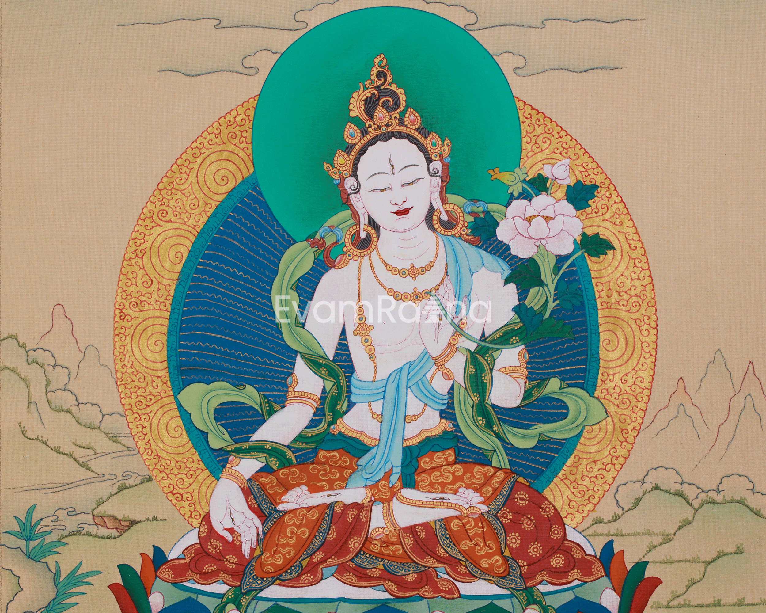 Divine White Tara Goddess of Compassion | A Sacred Thangka of Healing and Protection