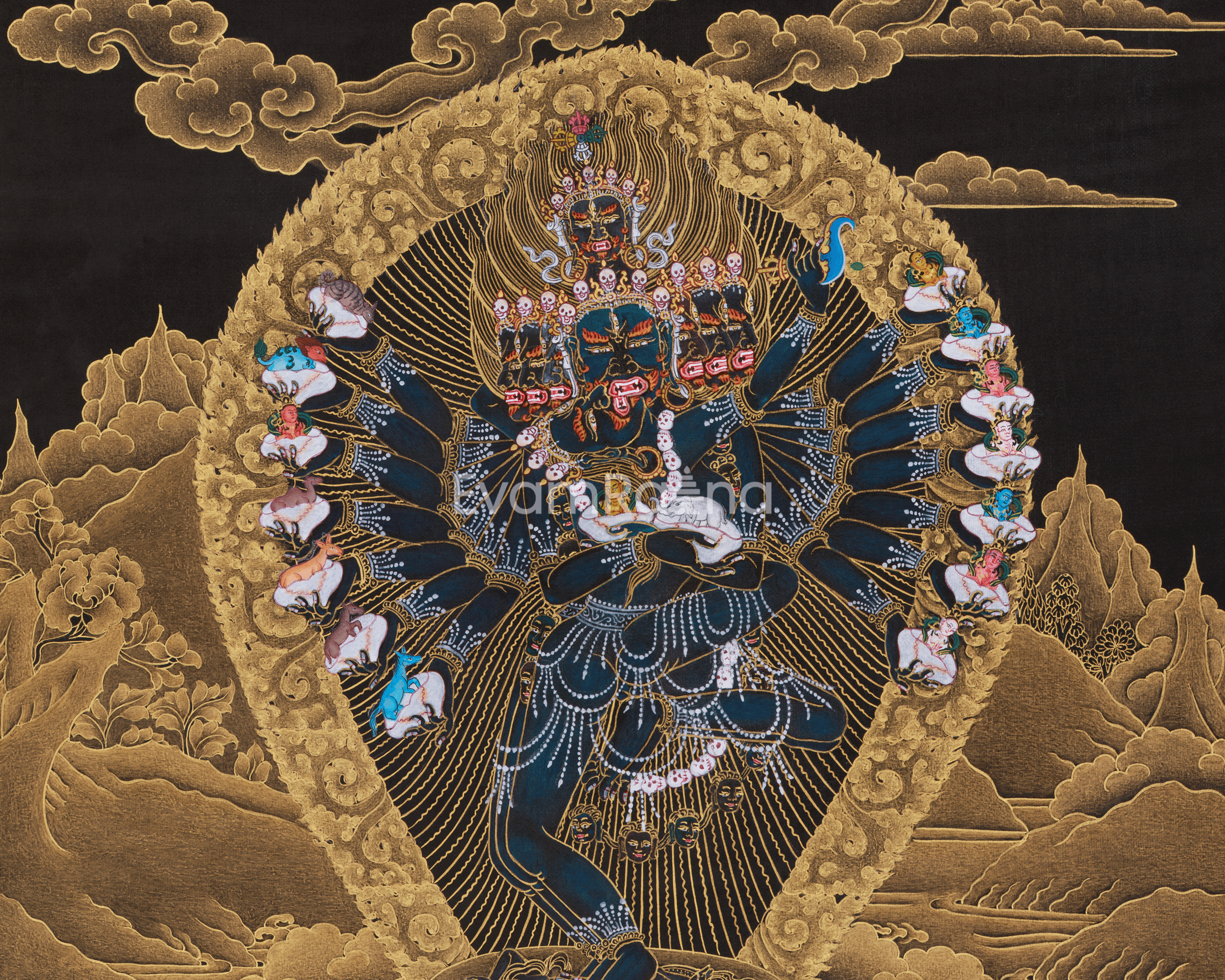 Gold on Black Hevajra Thangka | Fierce Meditational Deity | Vajrayana Buddhism