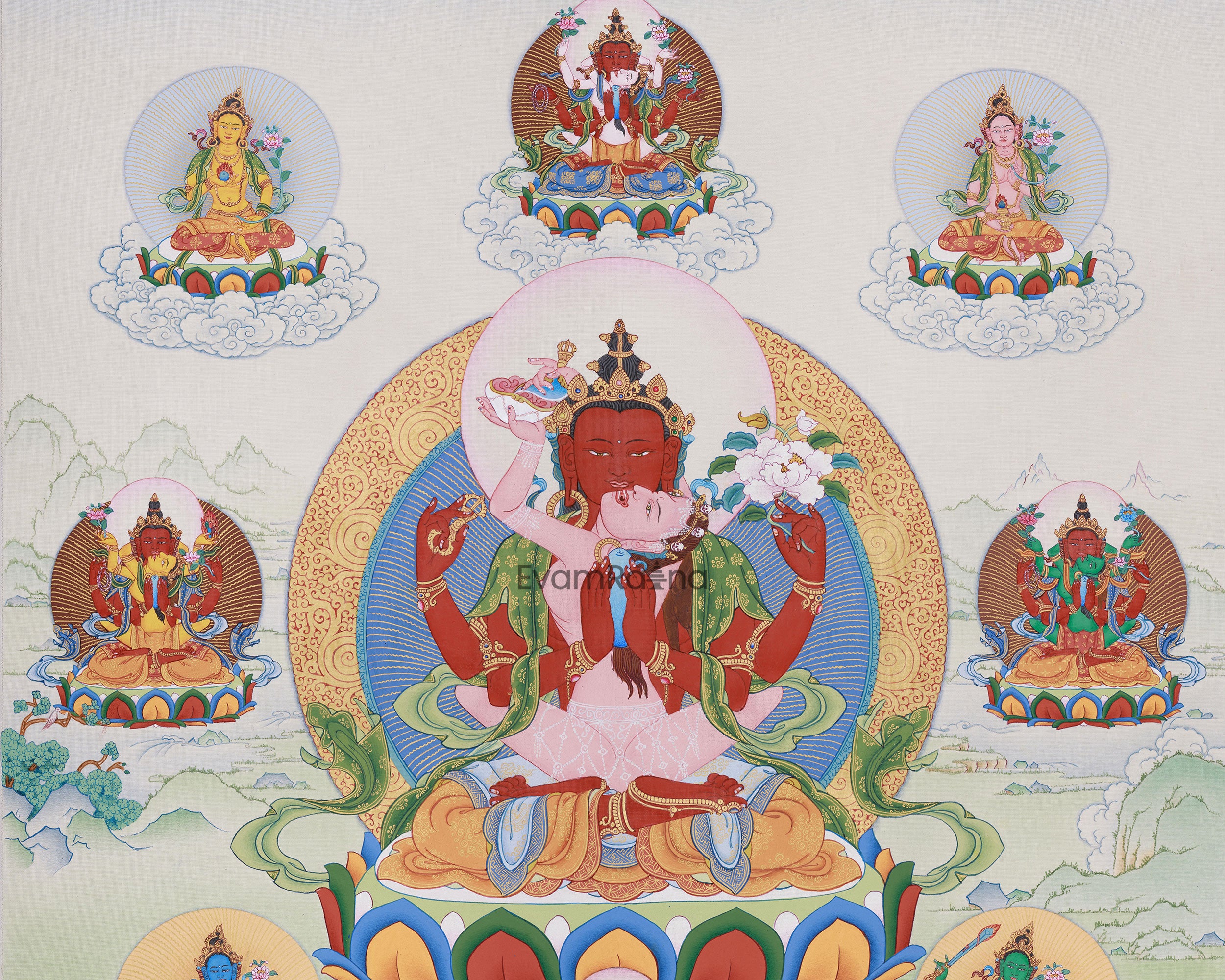 Tantric Form of Compassion, Gyalwa Gyasto | Red Chenrezig with Dakinis and Dhyani Buddhas