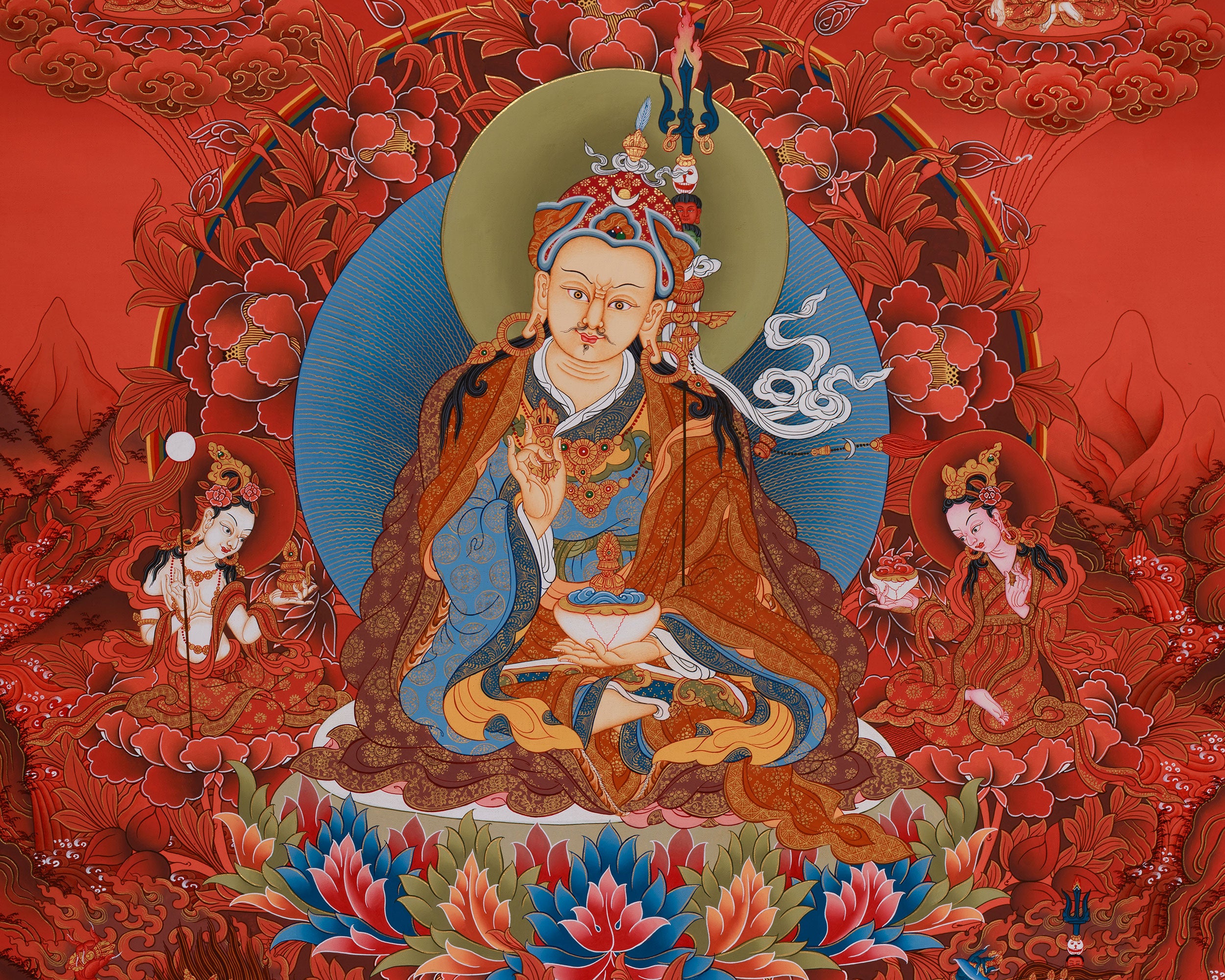 Peaceful Guru Tsokye Dorje | Red Hues Tibetan Artwork