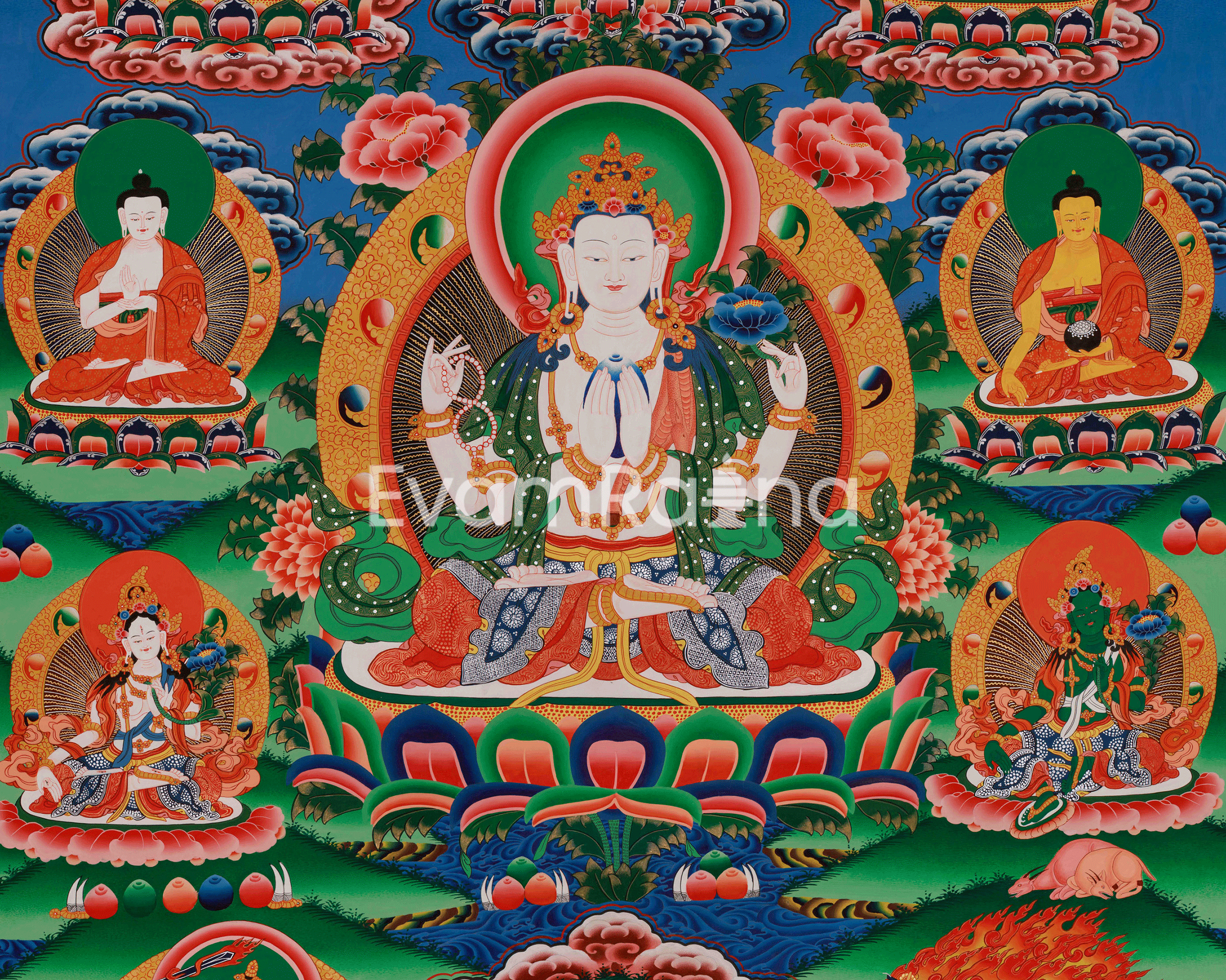 Divine Thangka of Chenrezig | Avalokiteshvara, 5 Dhyani Buddhas, White Tara, Green Tara, Manjushri & Vajrapani