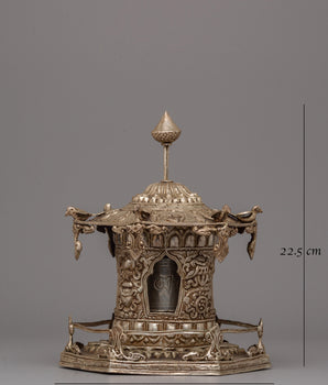 Silver Plated Prayer Wheel | Buddhist Meditation Tool for Prayers and Blessings