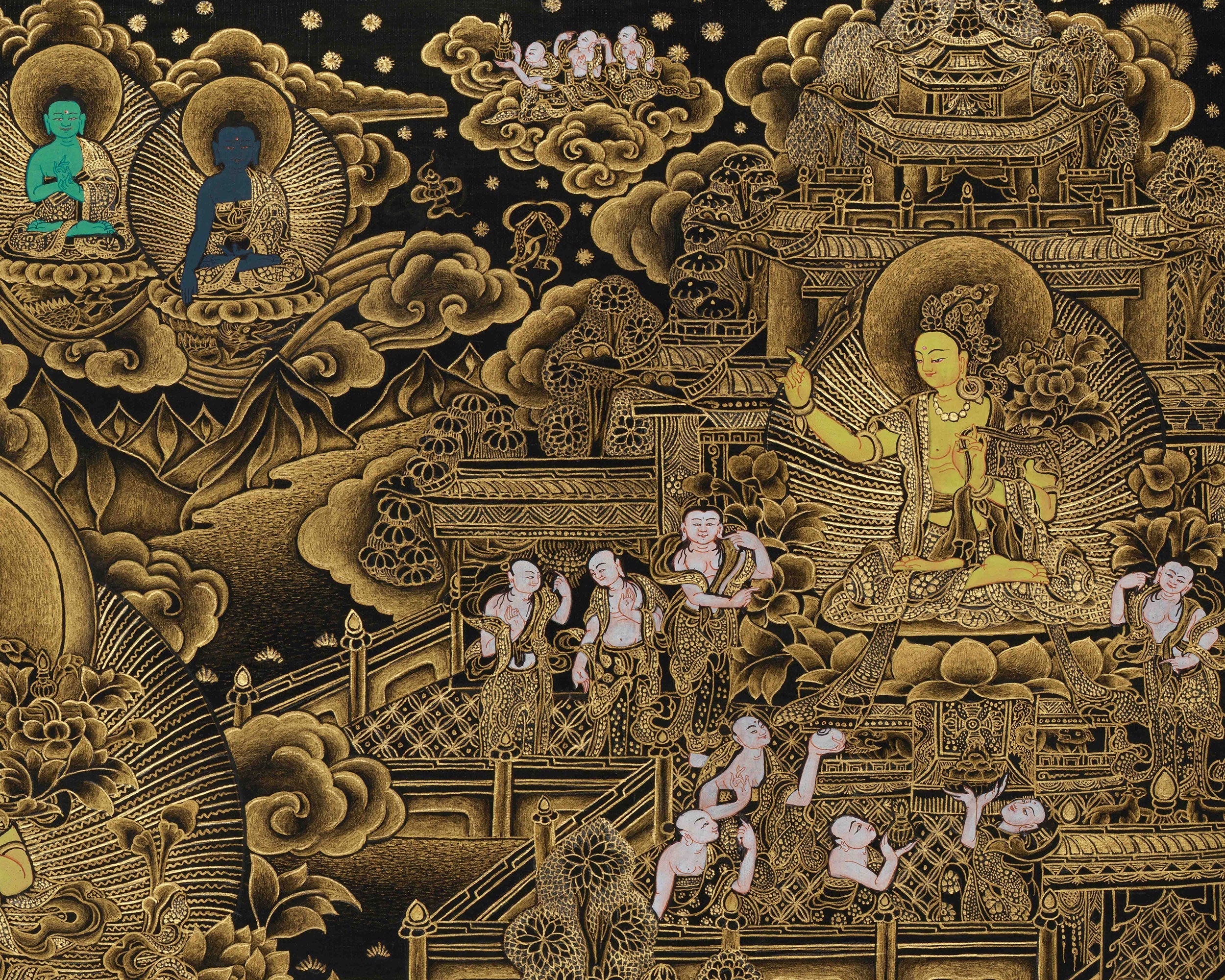 Golden-Hued Vajrayana Buddhist Manjushri Print | Wisdom Deity Wall Art for Altar