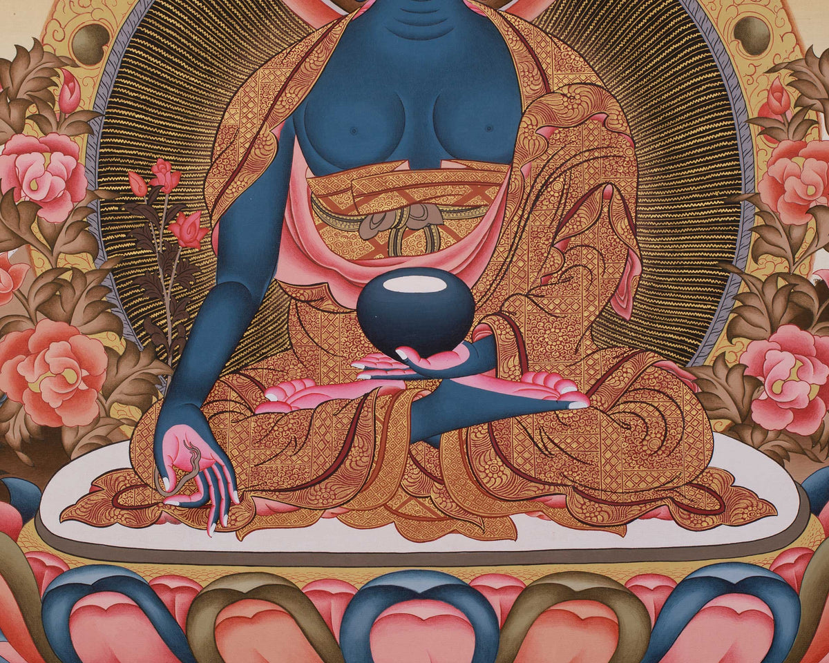 Traditional Thangka of Medicine Buddha with Amitabha | Healing Deity