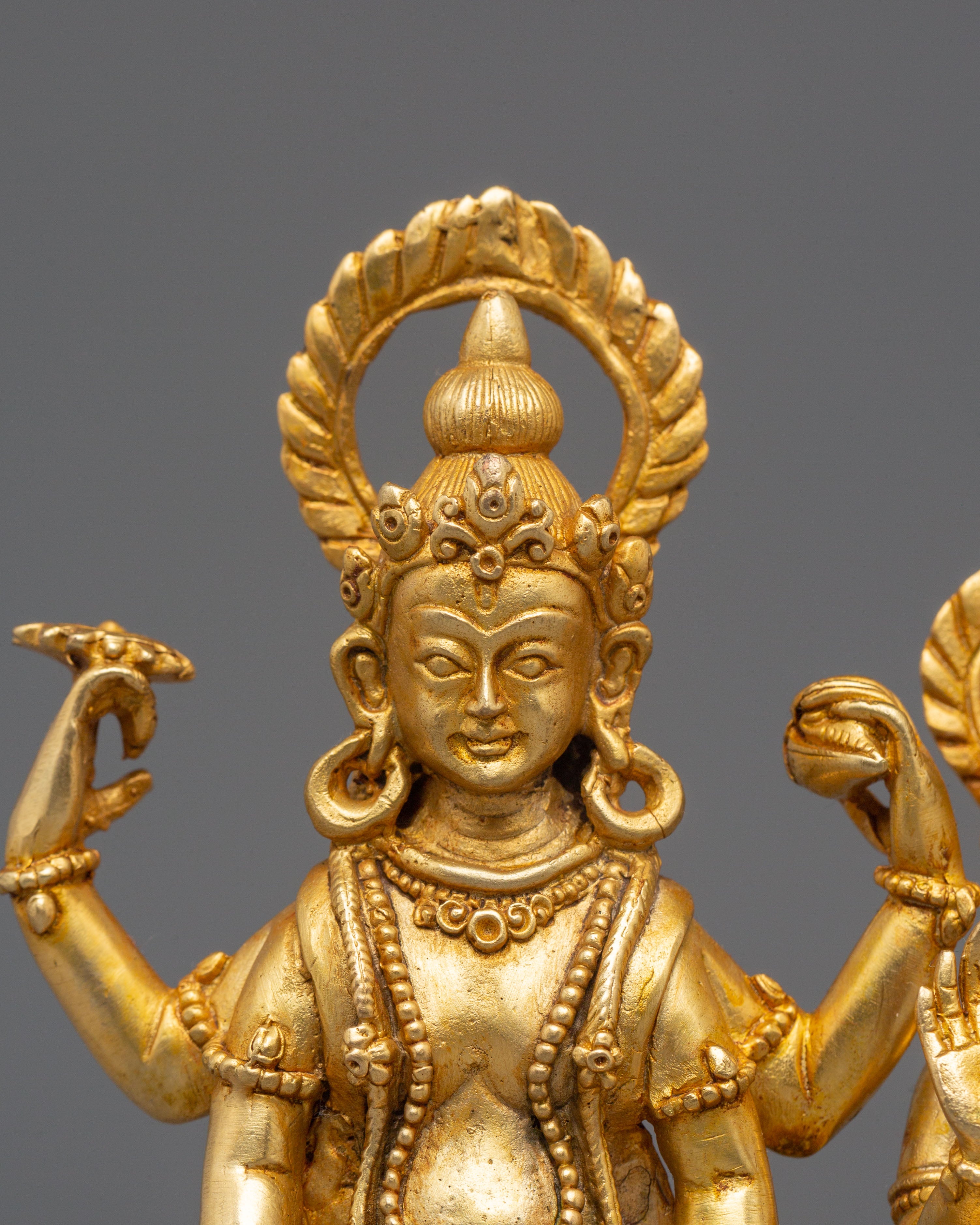 Bishnu and Laxmi Statue | Gold-Plated Copper Hindu Deity Art