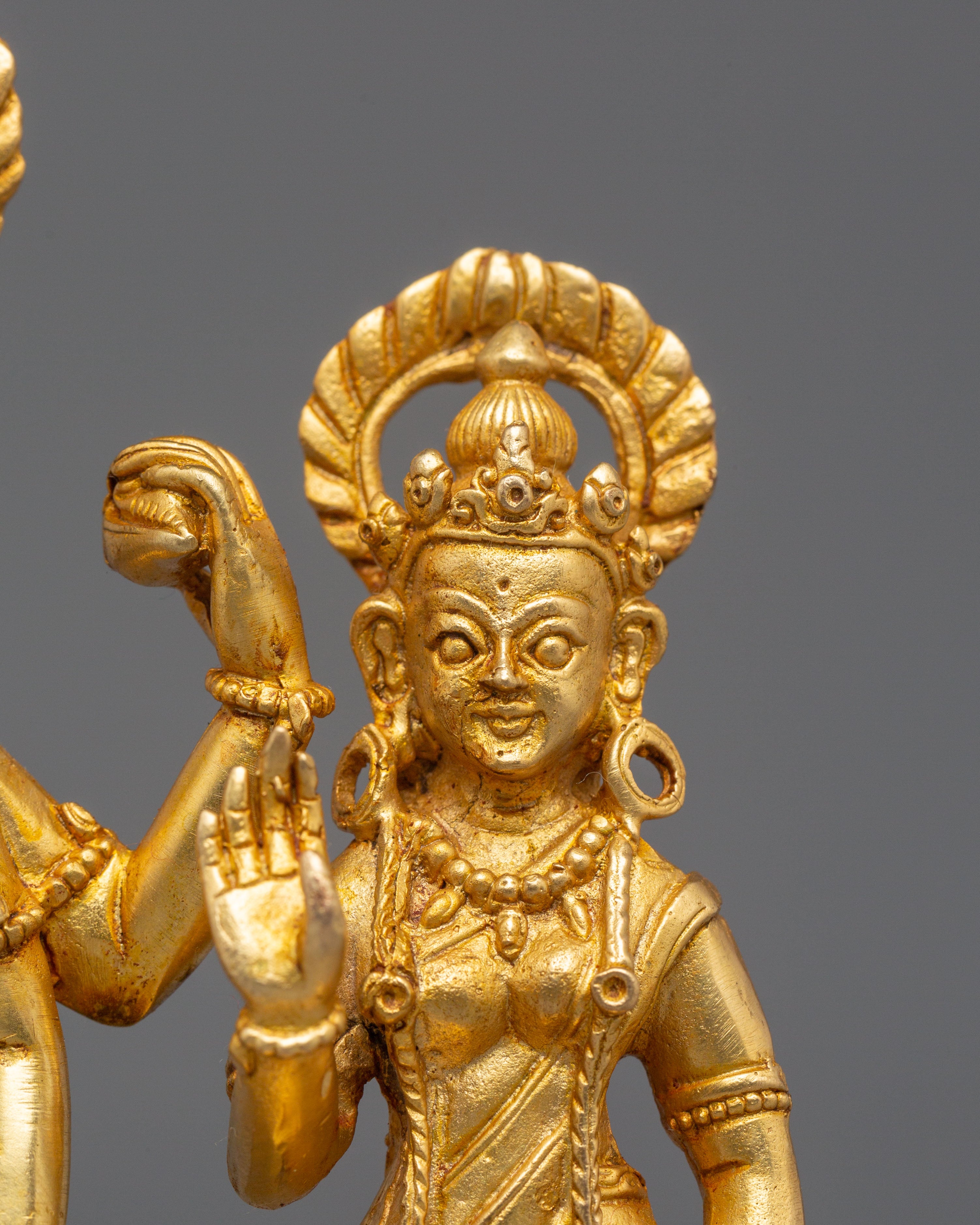 Bishnu and Laxmi Statue | Gold-Plated Copper Hindu Deity Art