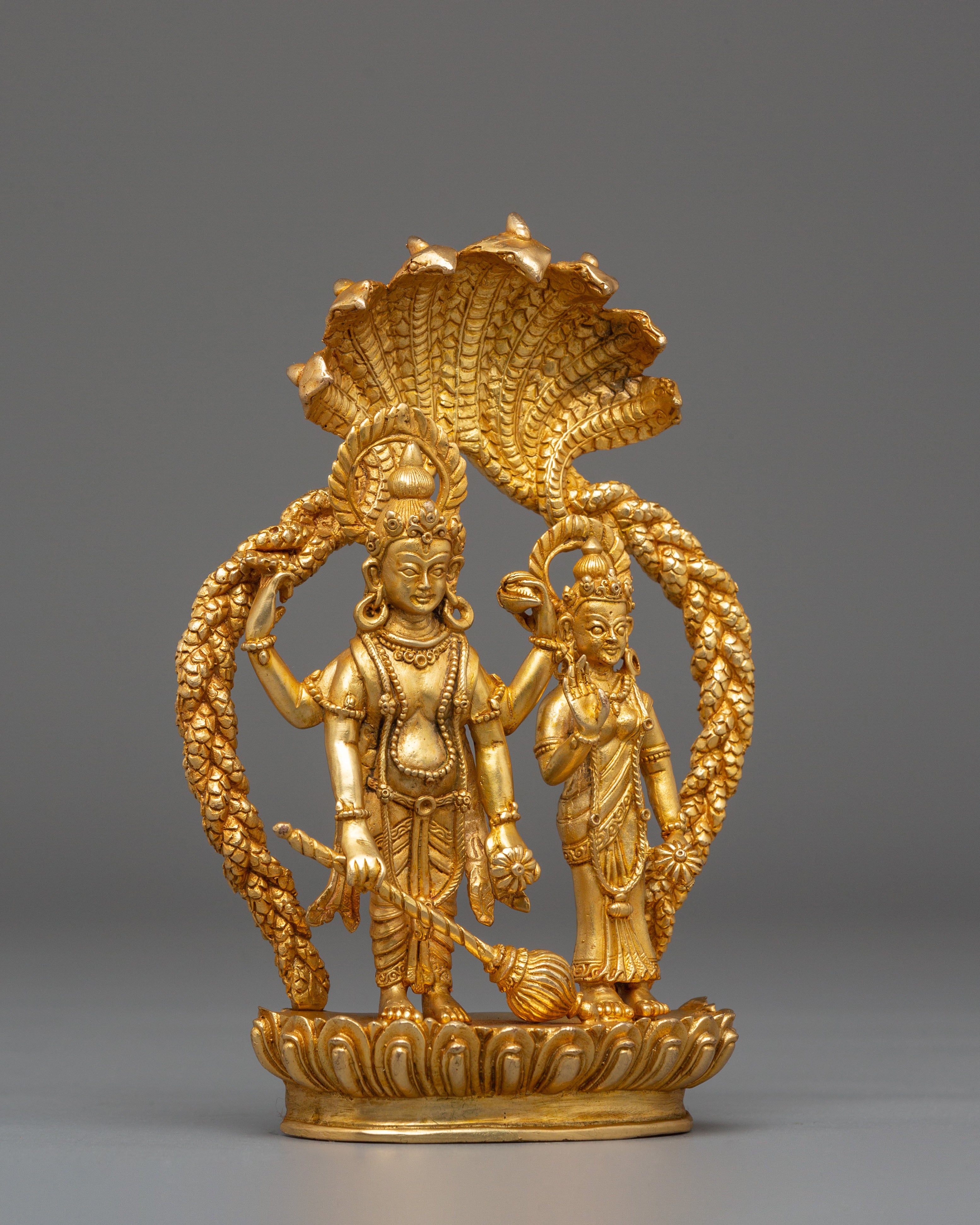 Bishnu and Laxmi Statue | Gold-Plated Copper Hindu Deity Art