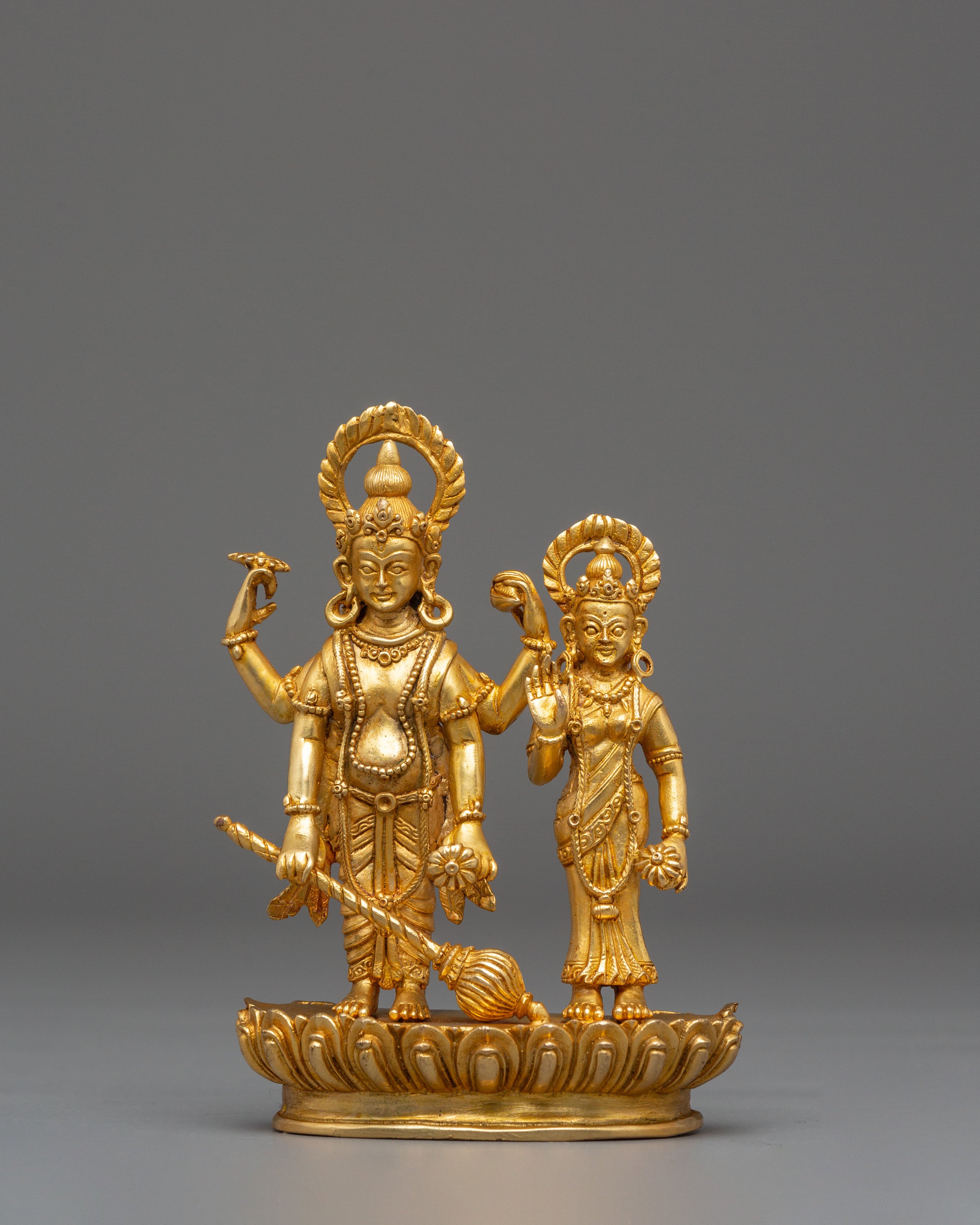 Bishnu and Laxmi Statue | Gold-Plated Copper Hindu Deity Art