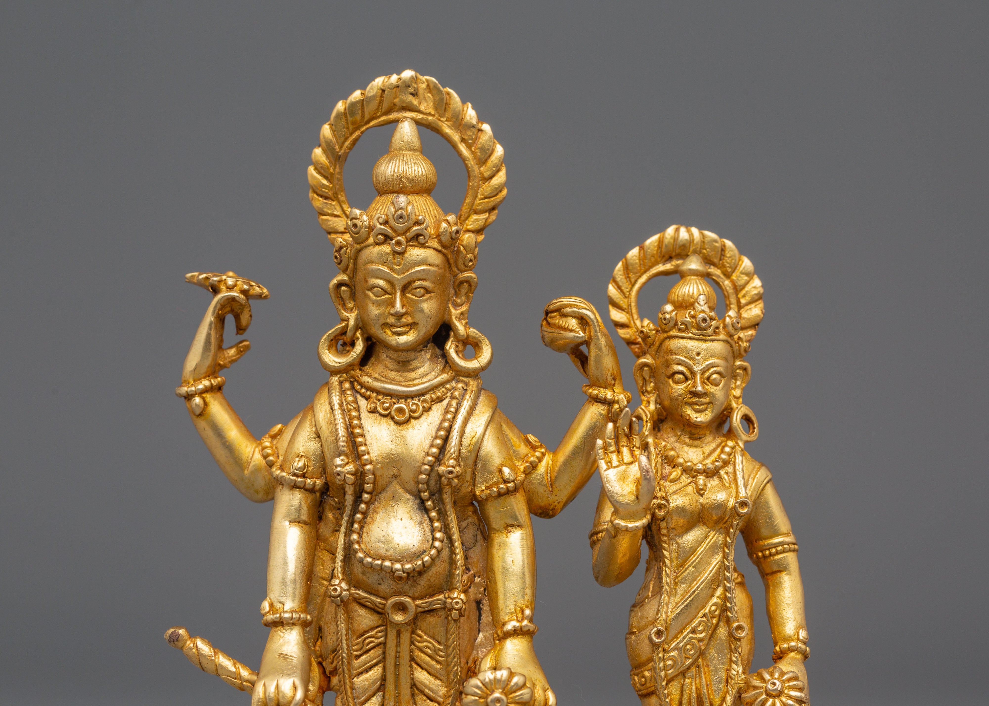 Bishnu and Laxmi Statue | Gold-Plated Copper Hindu Deity Art
