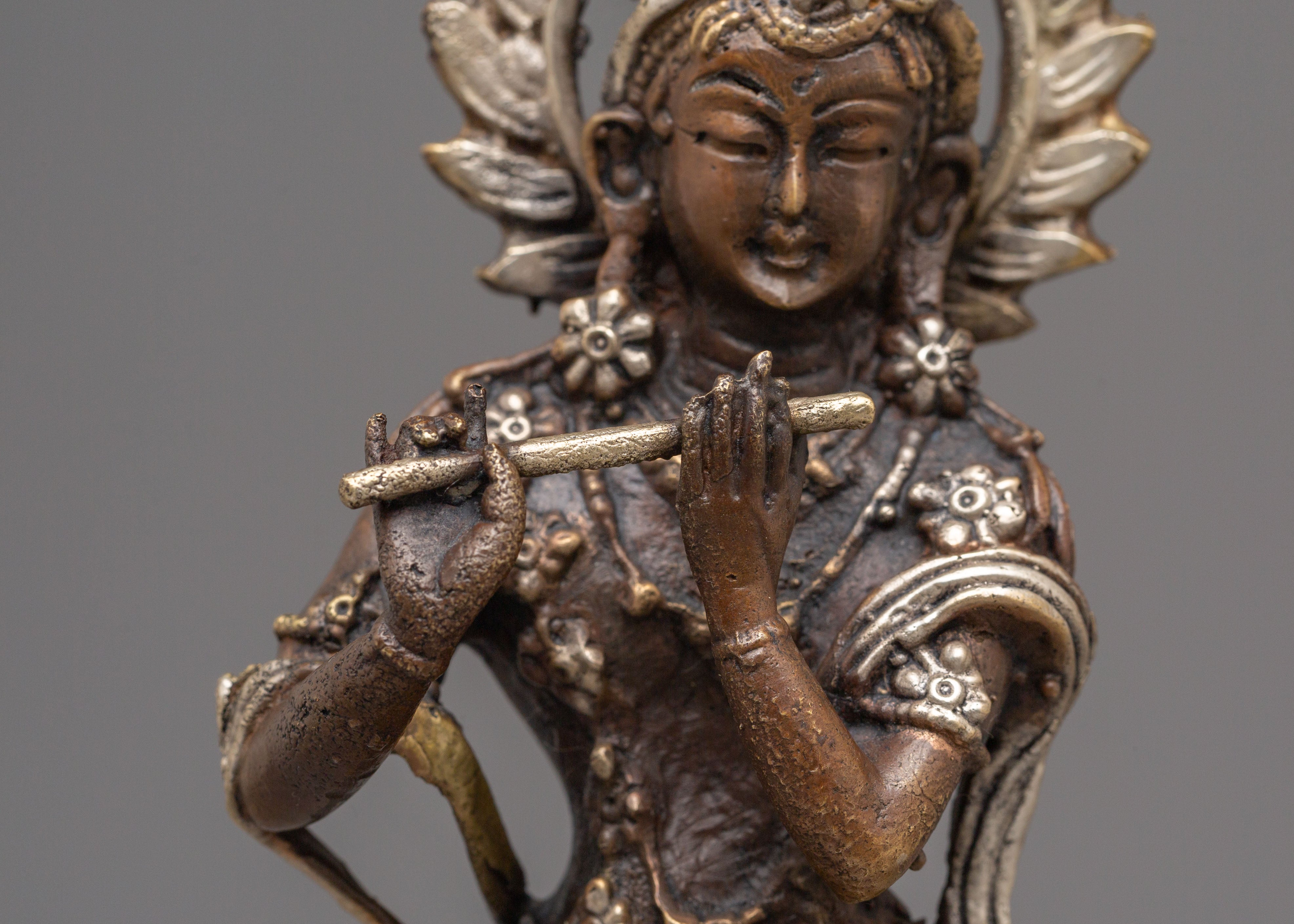 Handcrafted Krishna Statue | Oxidized Copper and Silver Plated Art