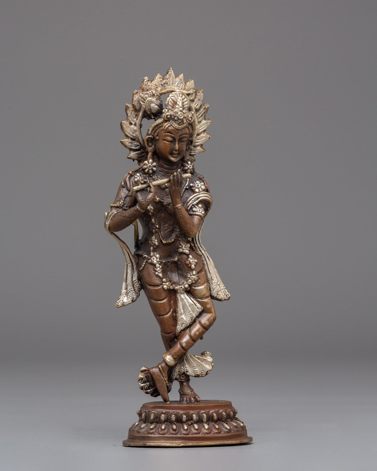 Handcrafted Krishna Statue | Oxidized Copper and Silver Plated Art