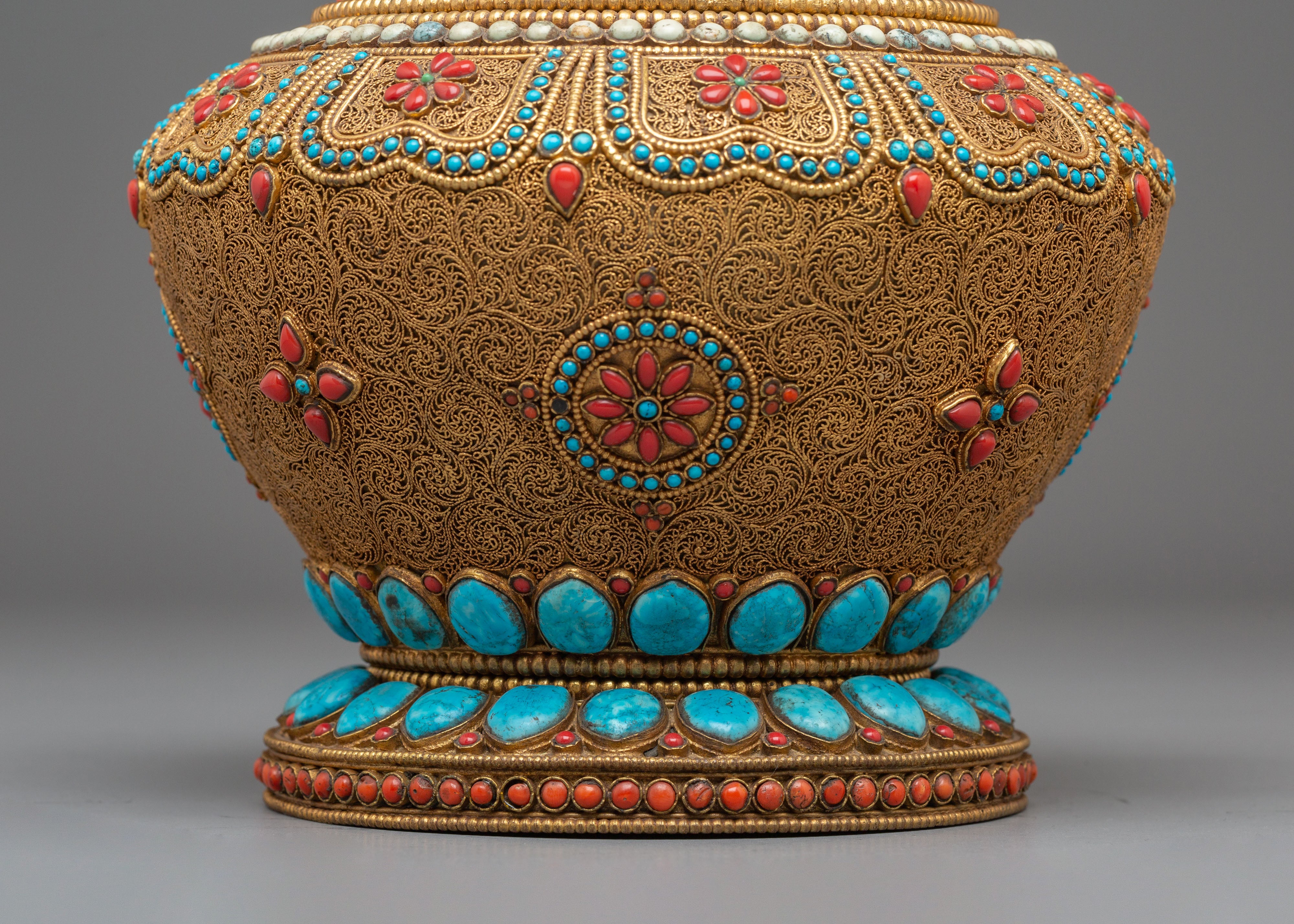Tibetan Offering Rice Pot | Gold-Plated Copper Pot with Coral & Turquoise