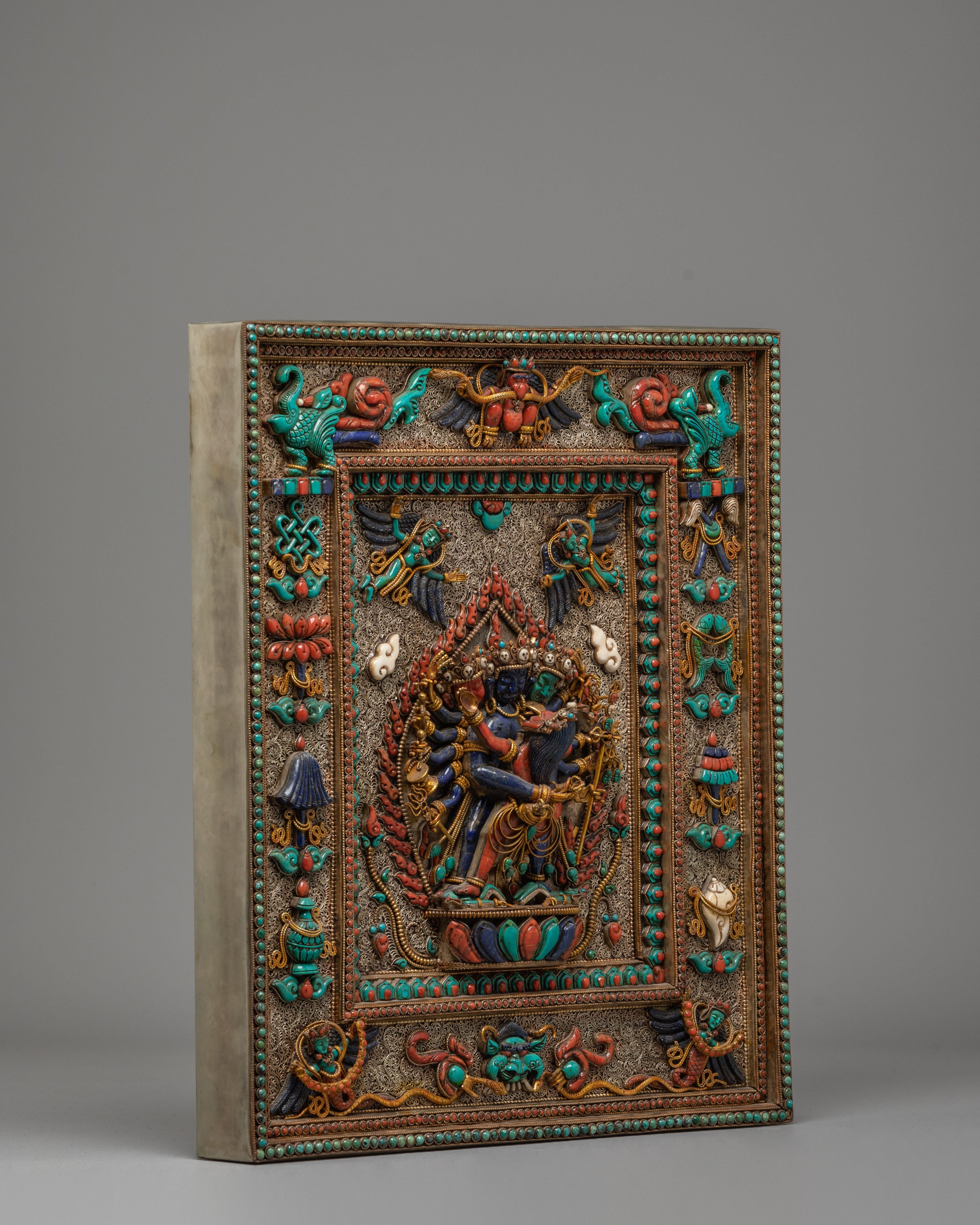 Chakrasamvara Wall Art | Sacred Tibetan Copper & Silver Wall Hanging