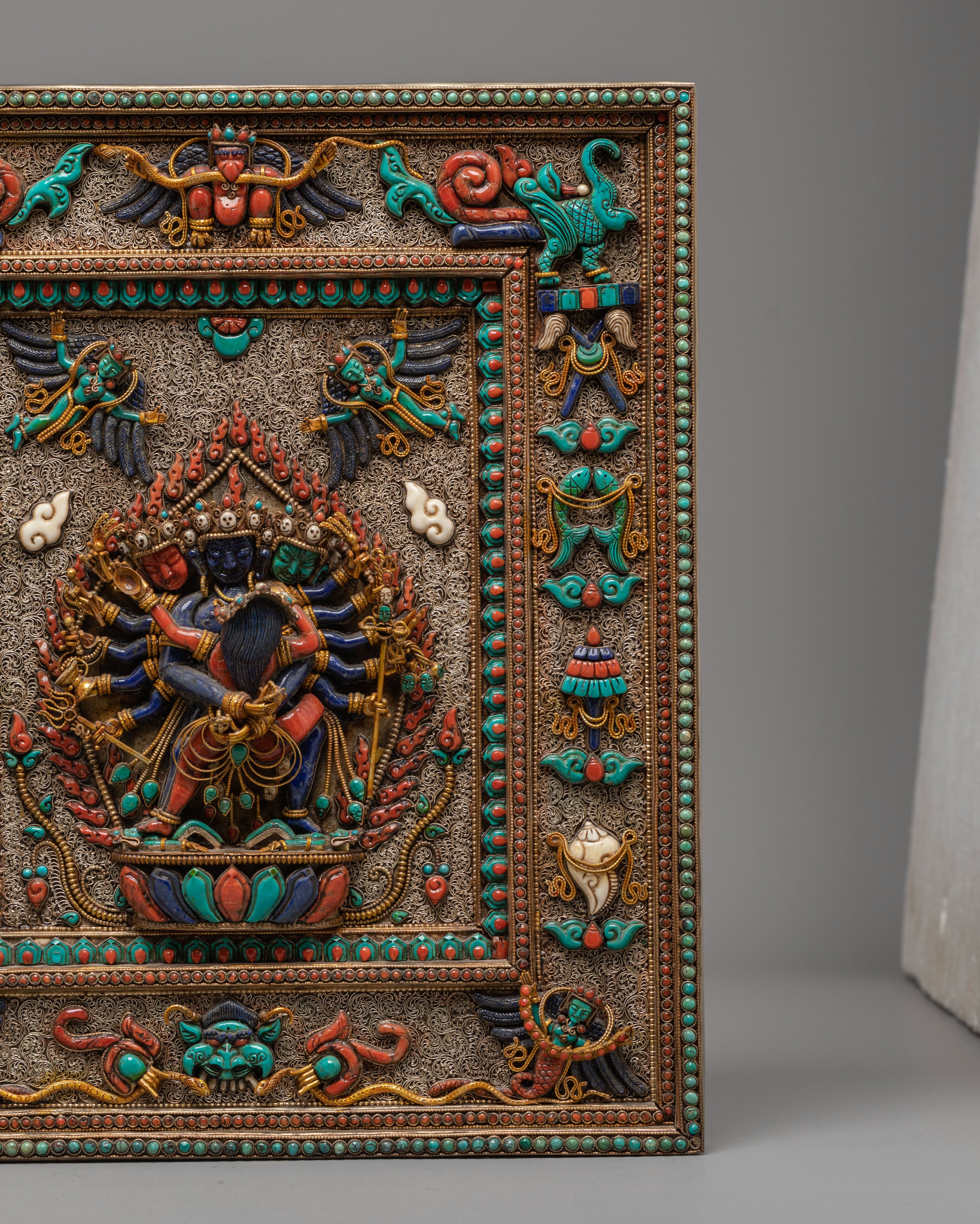 Chakrasamvara Wall Art | Sacred Tibetan Copper & Silver Wall Hanging
