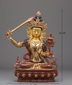 Statue of Supreme Deity of Wisdom Manjushri | Gold Plated Buddhist Bodhisattva Sculpture