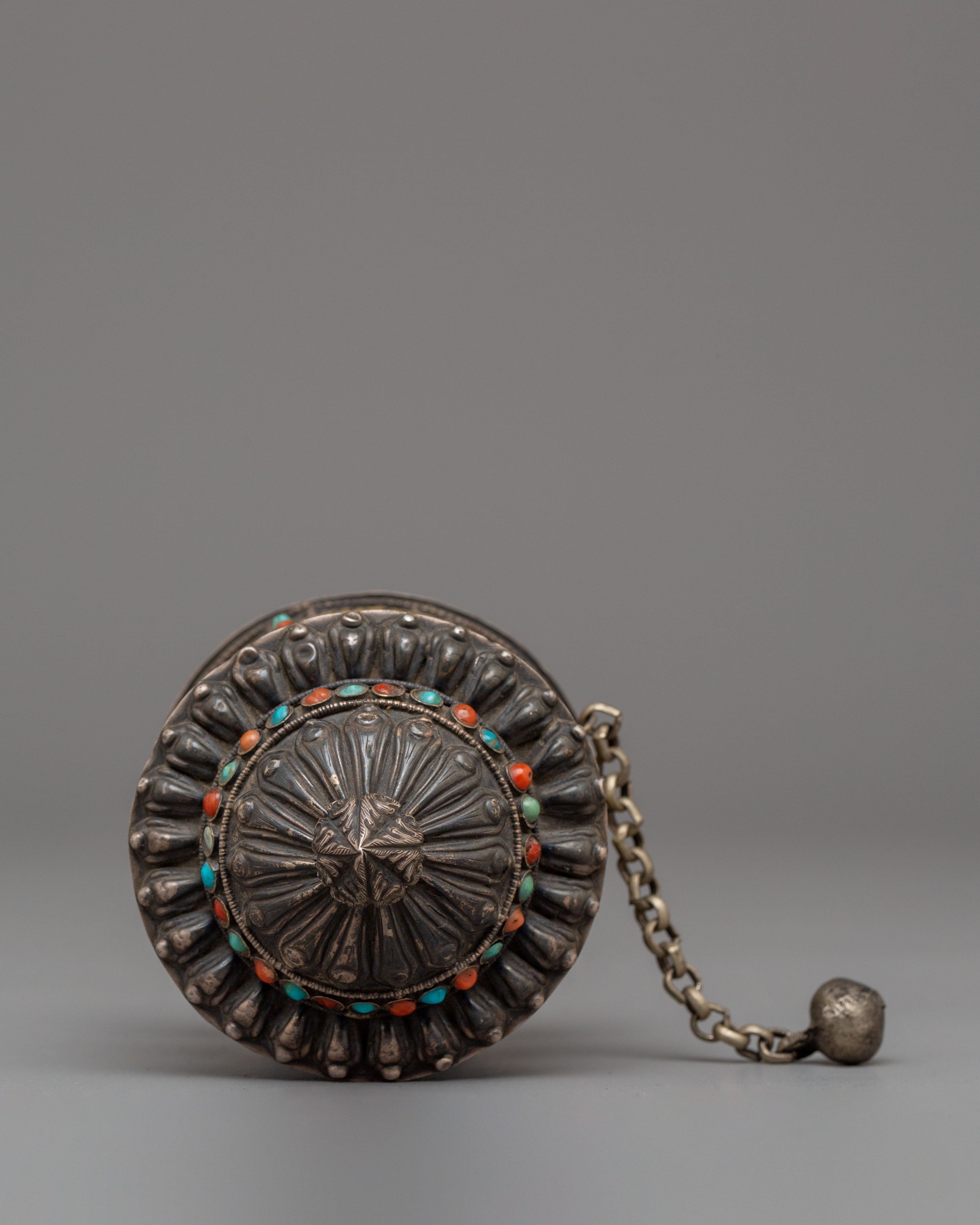 Handcrafted Traditional Prayer Wheel | Copper with Silver, Turquoise & Coral