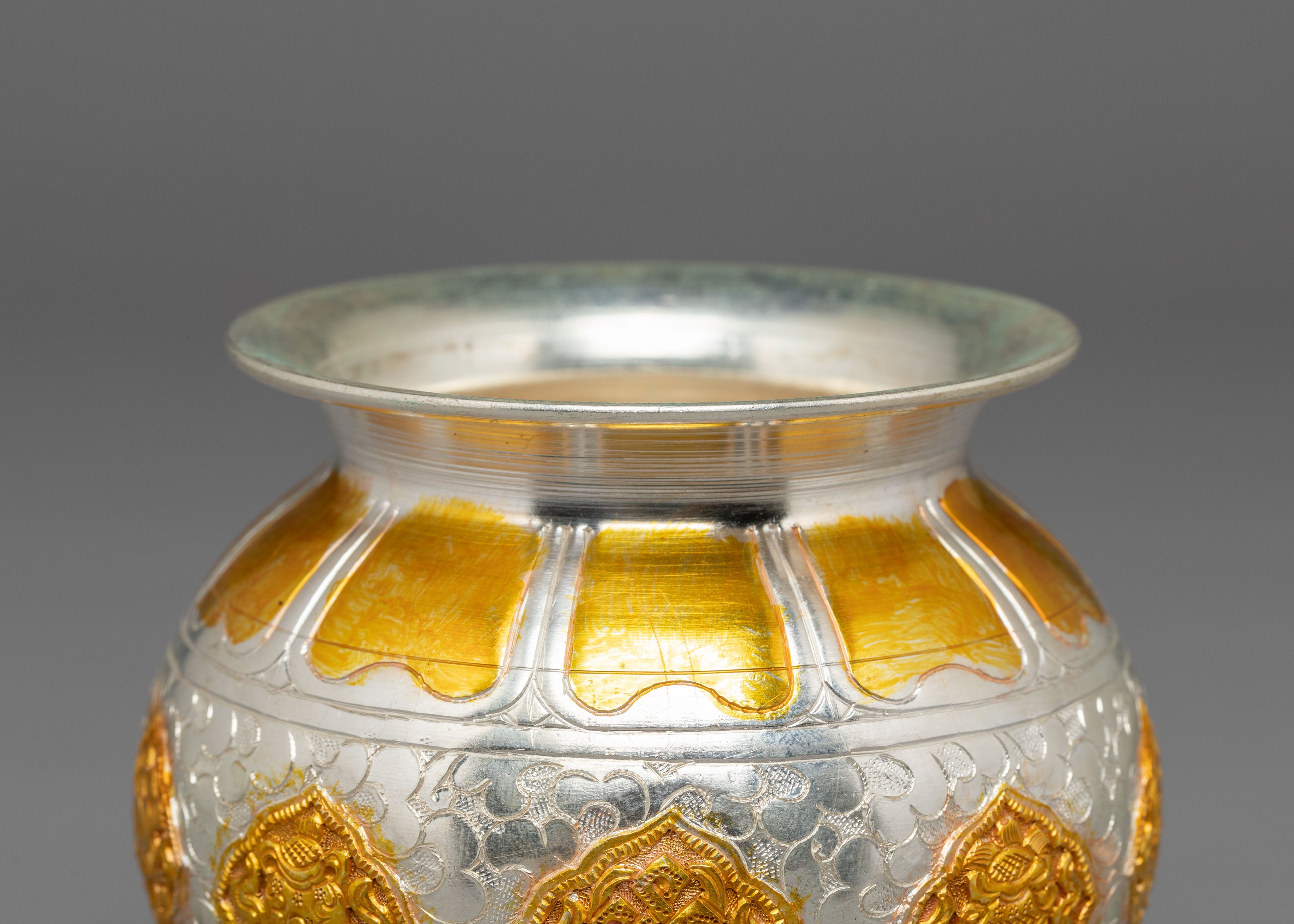 Gold Plated Rice Pot for Offering | Copper and Silver Plated Ritual Item for Altar