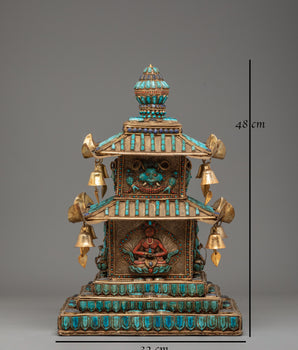 Tibetan Stupa with Deities and Turquoise Inlays | Copper & Semi-Precious Stones