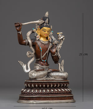 Manjushri Copper Statue with Silver & Gold 