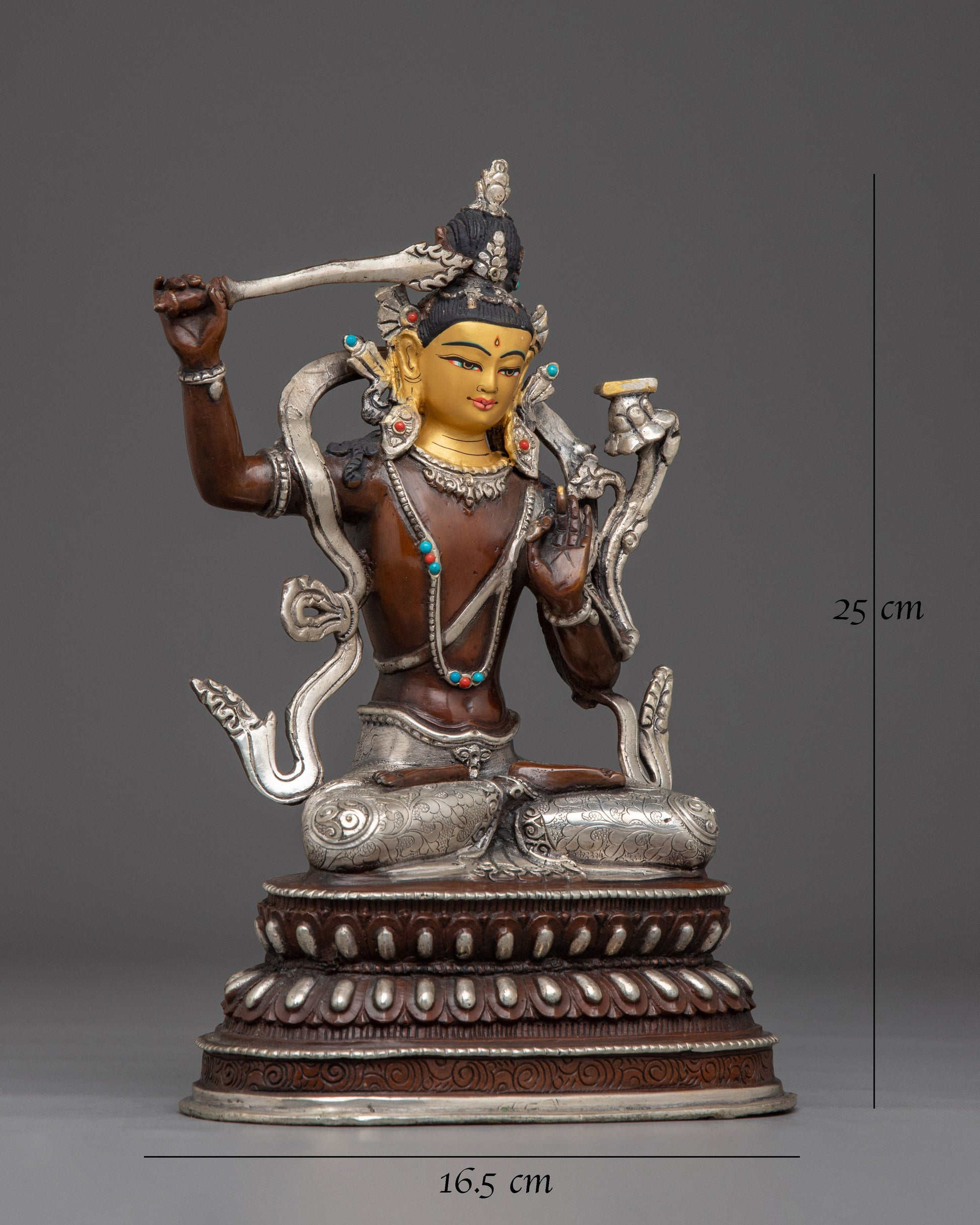 Manjushri Copper Statue with Silver & Gold 