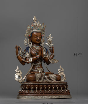 Chenrezig Silver Plated Oxidized 34cm Statue | Handcrafted Symbol of Compassion