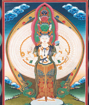 1000 Armed Chenrezig Thangka Print Surrounded by Celestial Deities | Traditional Buddhist Artwork