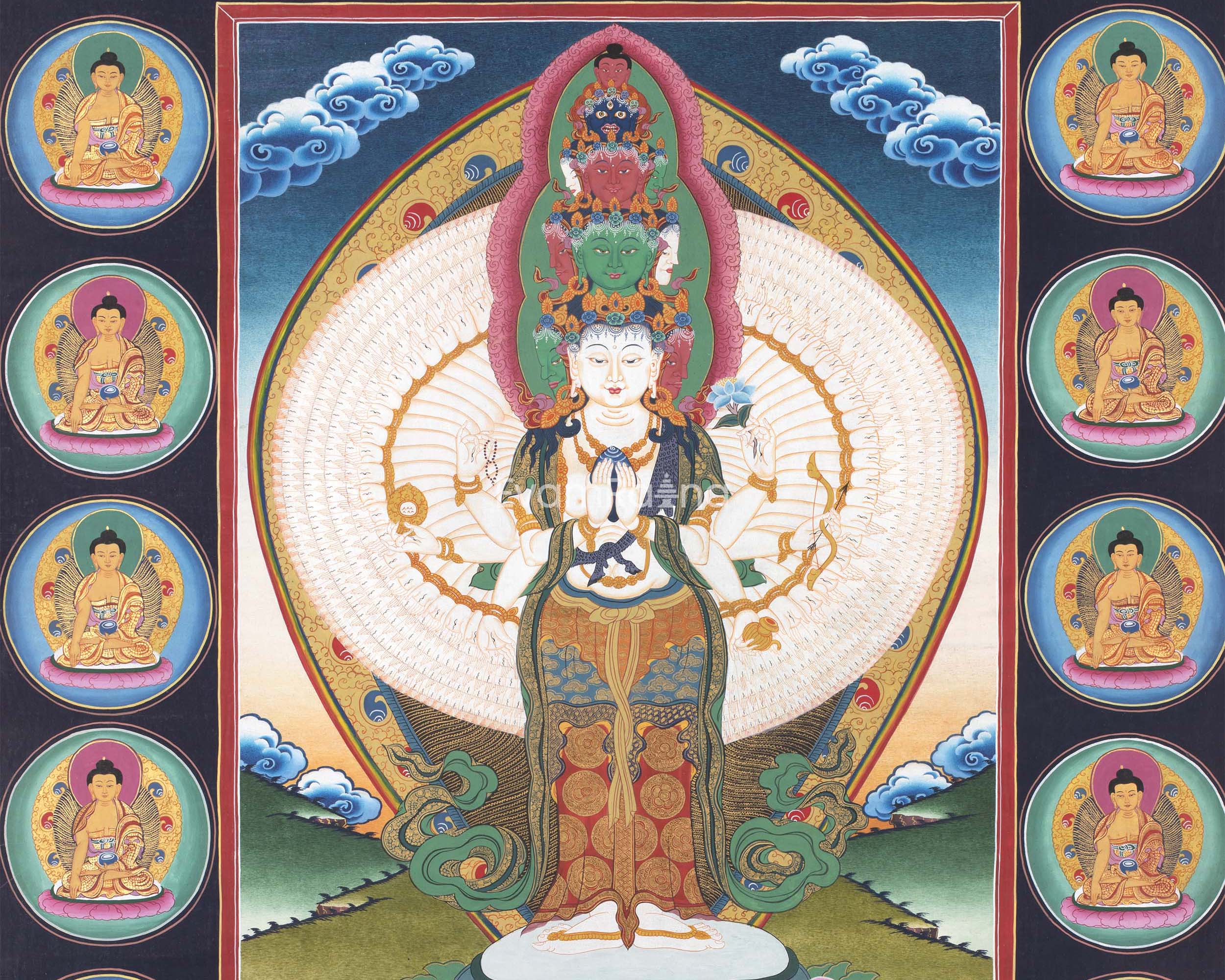 1000 Armed Chenrezig Thangka Print Surrounded by Celestial Deities | Traditional Buddhist Artwork
