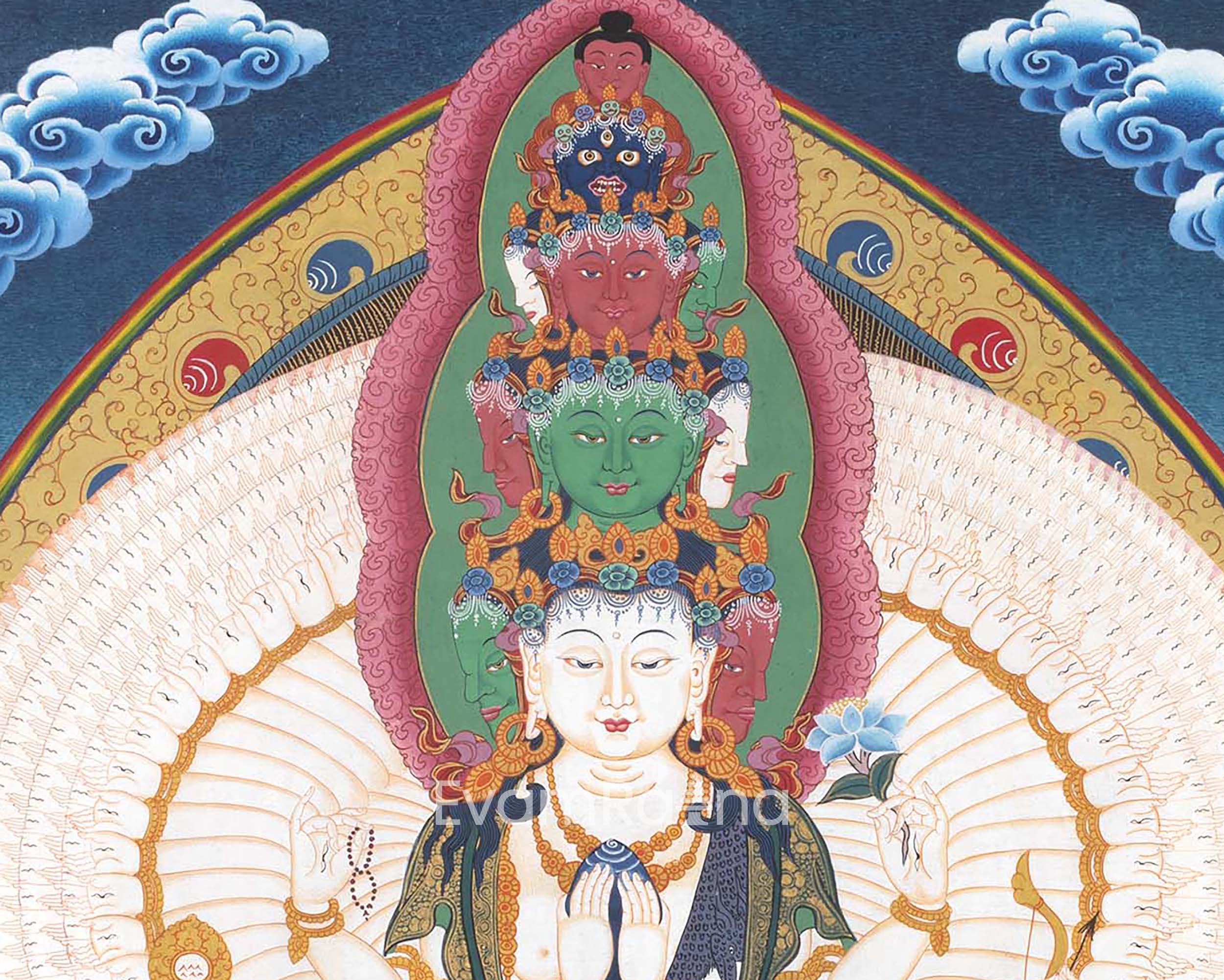 1000 Armed Chenrezig Thangka Print Surrounded by Celestial Deities | Traditional Buddhist Artwork