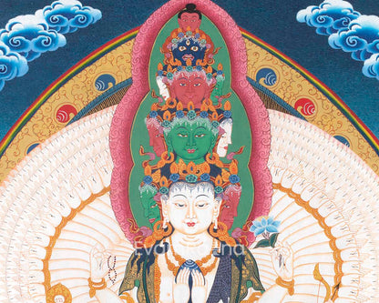 1000 Armed Chenrezig Thangka Print Surrounded by Celestial Deities | Traditional Buddhist Artwork