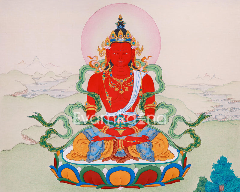 Amitayus Buddha Artwork | Hand-Painted Tibetan Buddhist Thangka | Longevity and Spiritual Enlightenment