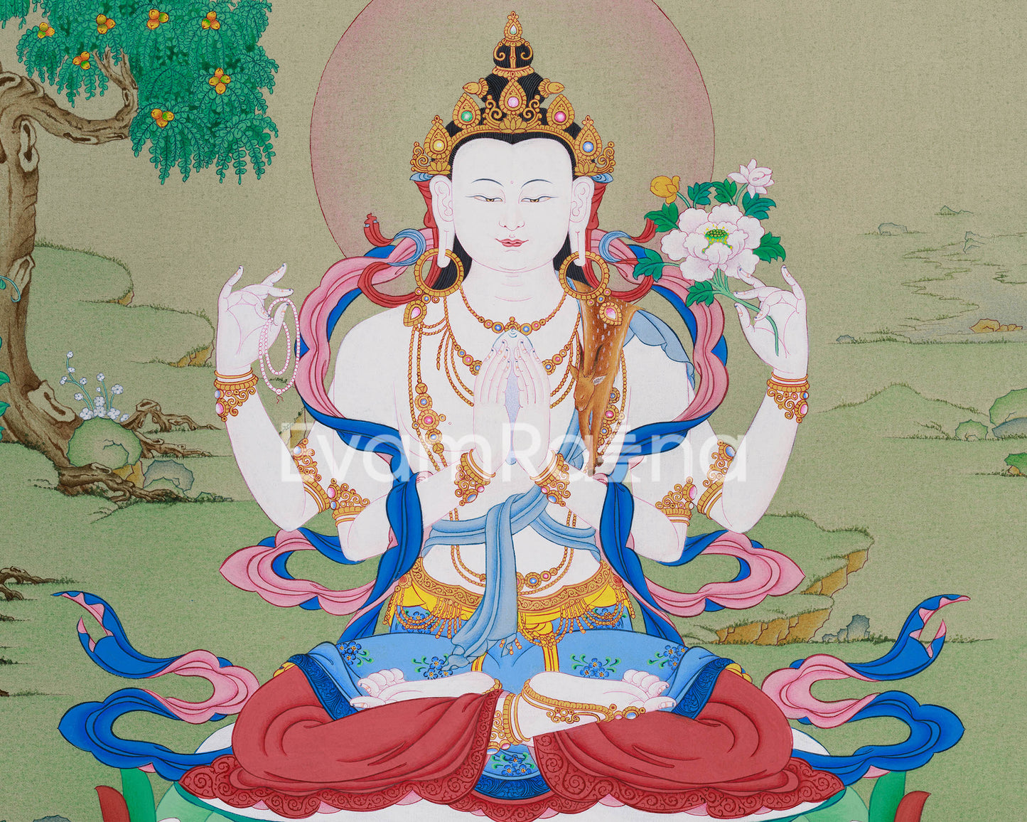 Tibetan Four-Armed Guanyin Bodhisattva Thangka | Compassion and Wisdom