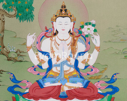 Tibetan Four-Armed Guanyin Bodhisattva Thangka | Compassion and Wisdom