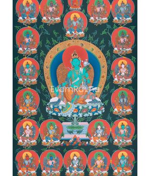 Thangka of 21 Tara Goddess | Traditional Karma Gadri Painting |  Tradition Of Mahasiddha Suryagupta