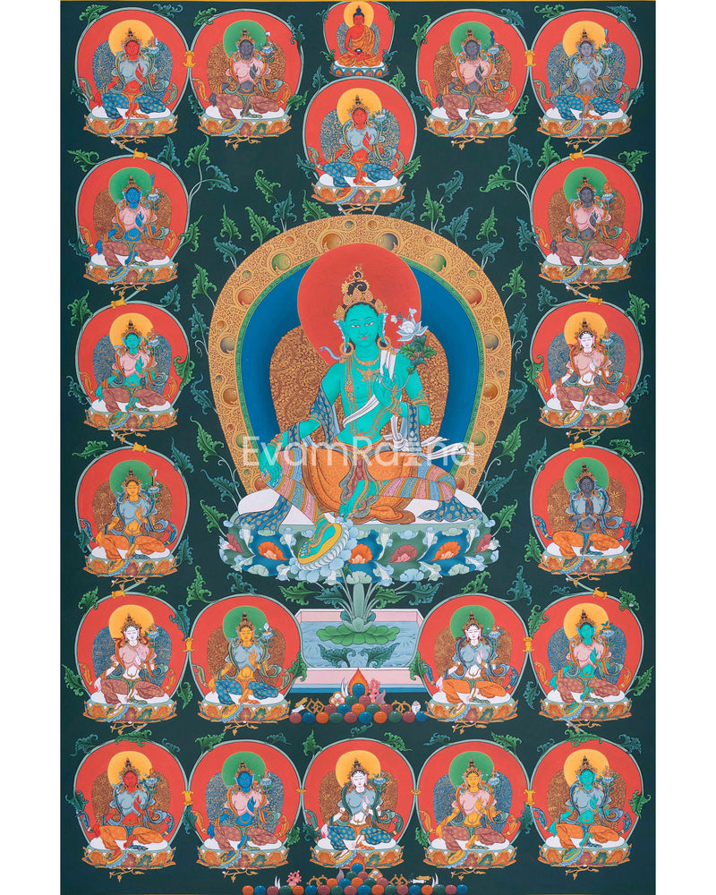 Thangka of 21 Tara Goddess | Traditional Karma Gadri Painting |  Tradition Of Mahasiddha Suryagupta