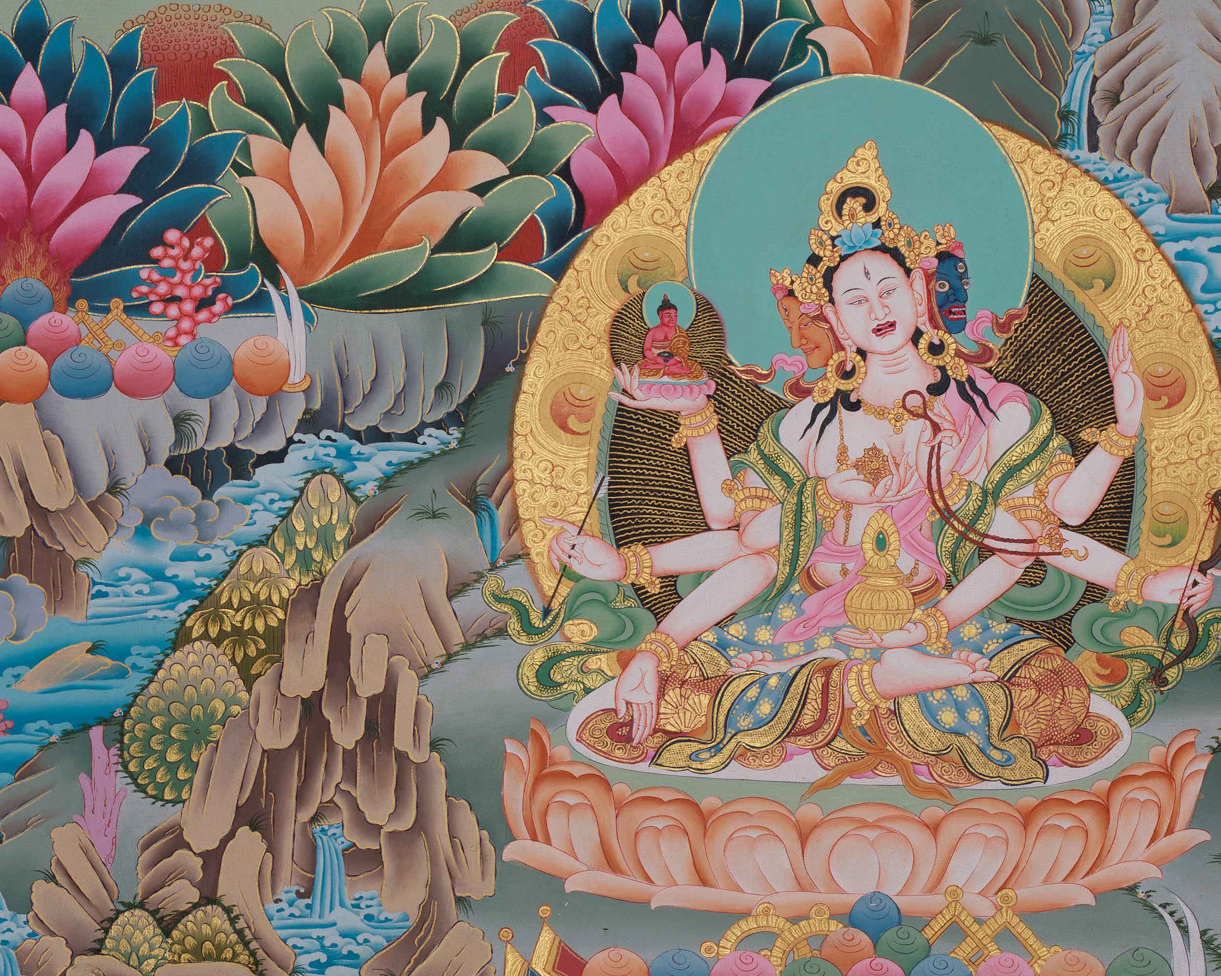 White Tara With Other Deities Thangka | Vajrayana Deity Shyama Tara