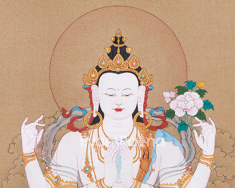 Serene Avalokiteshvara Thangka | Hand-Painted Four Armed Chenrezig Art