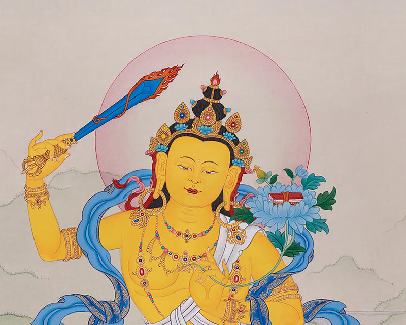 Manjusri's Sword of Wisdom | Original Tibetan Thangka | 24K Gold Detail