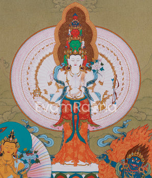 1000 arm Buddha, Avalokiteshvara Thangka | Manjushri & Vajrapani, Tibetan Art