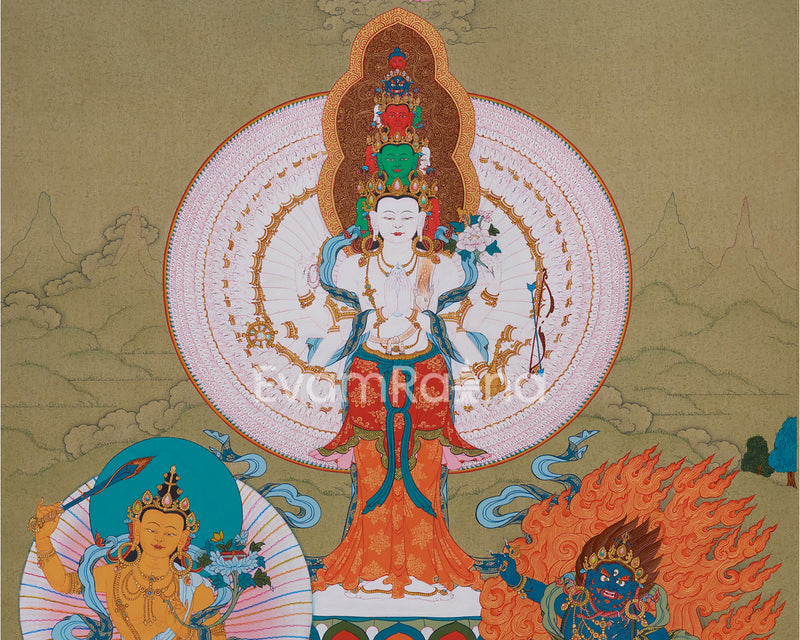 1000 arm Buddha, Avalokiteshvara Thangka | Manjushri & Vajrapani, Tibetan Art